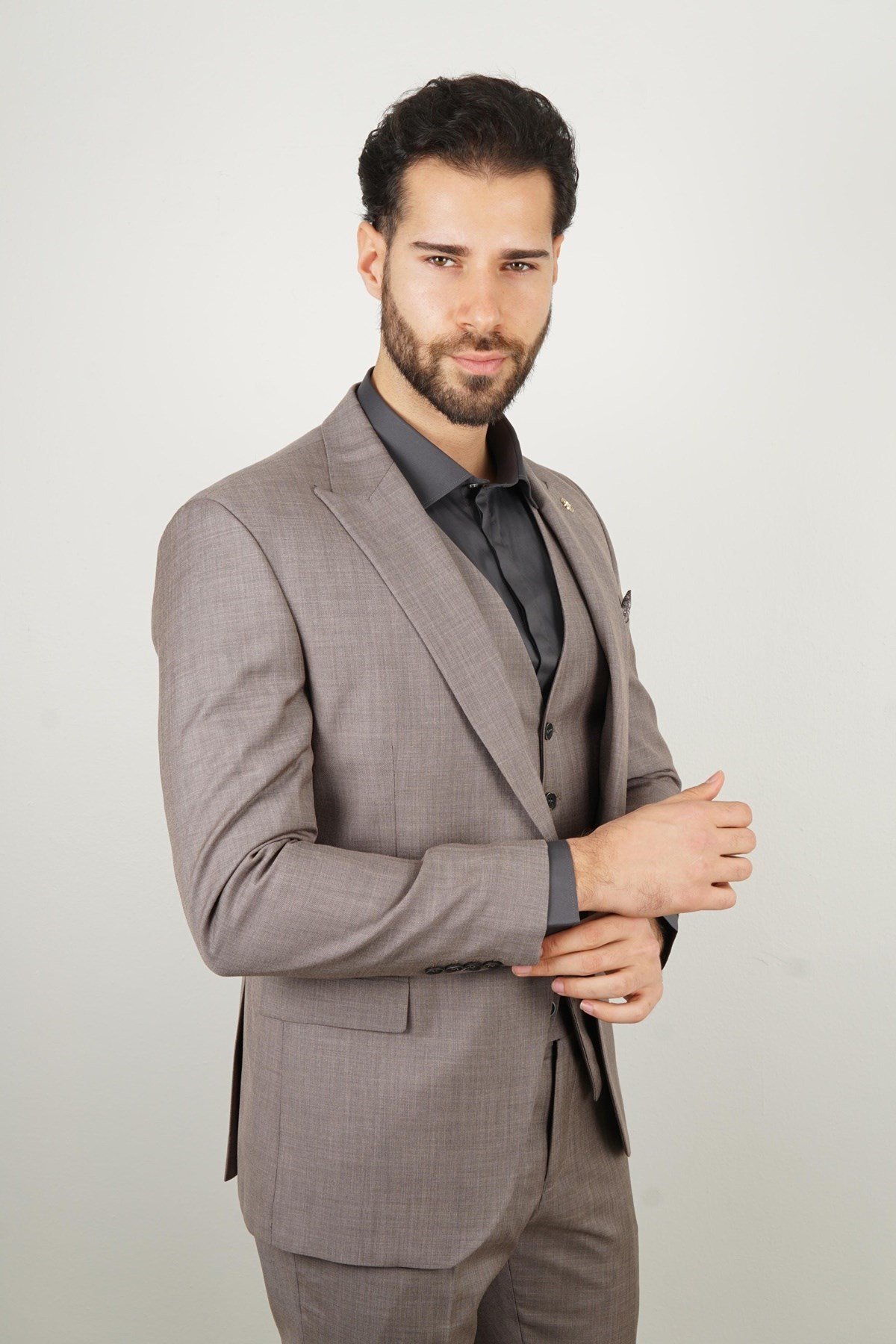 Maserto Slim Fit Vizon Takım Elbise Düz Desenli