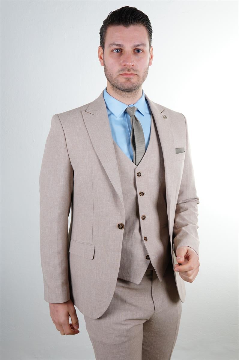 Maserto Slim Fit Vizon Takım Elbise Kendinden Desenli