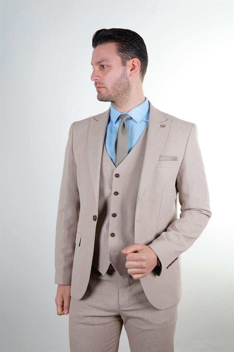 Maserto Slim Fit Vizon Takım Elbise Kendinden Desenli