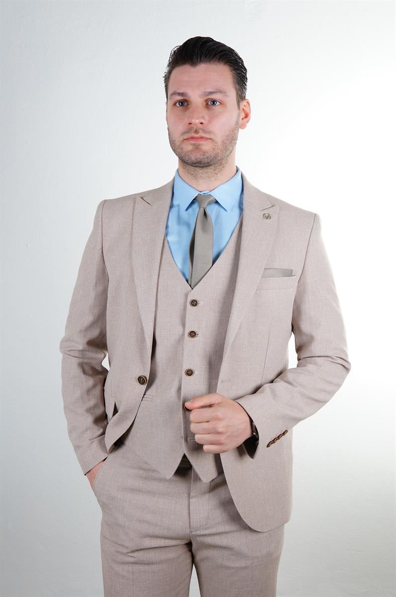 Maserto Slim Fit Vizon Takım Elbise Kendinden Desenli