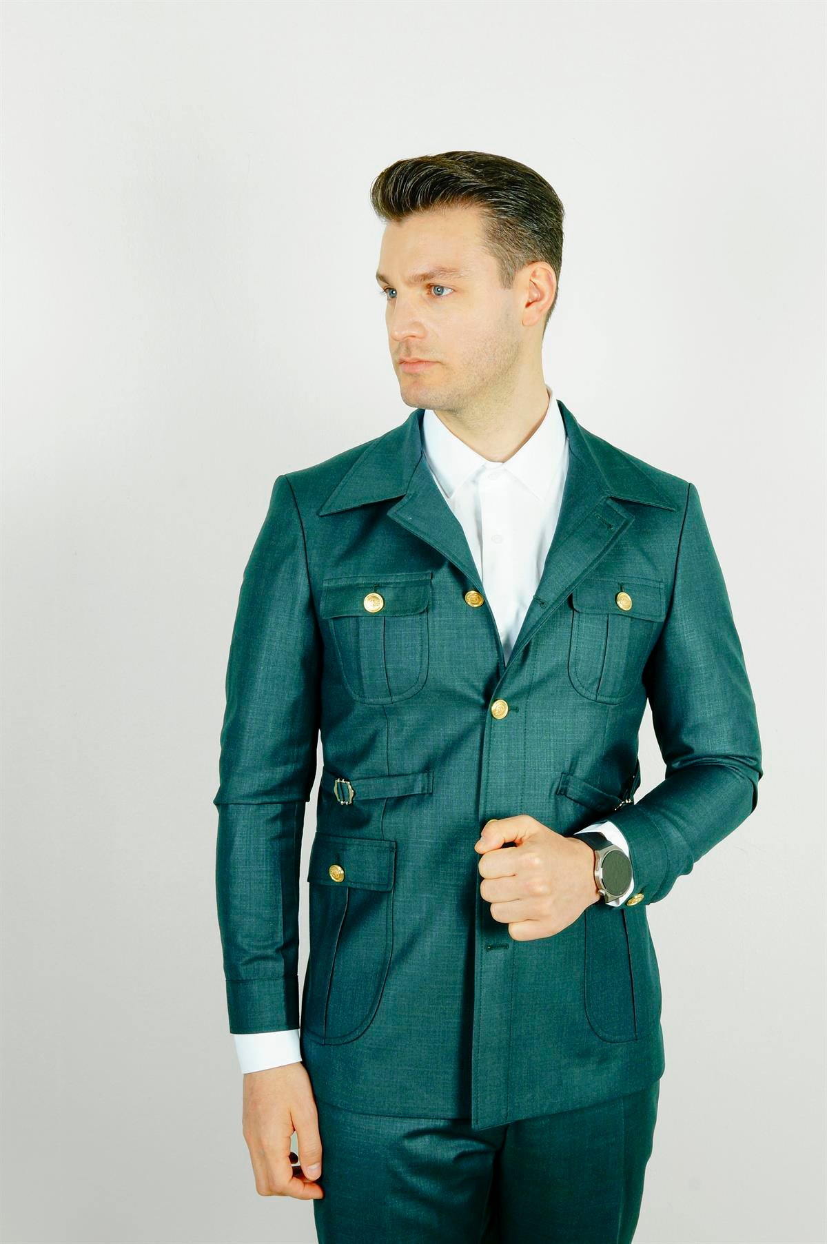 Maserto Slim Fit Yeşil Cepli Takım Elbise Kendinden Desenli