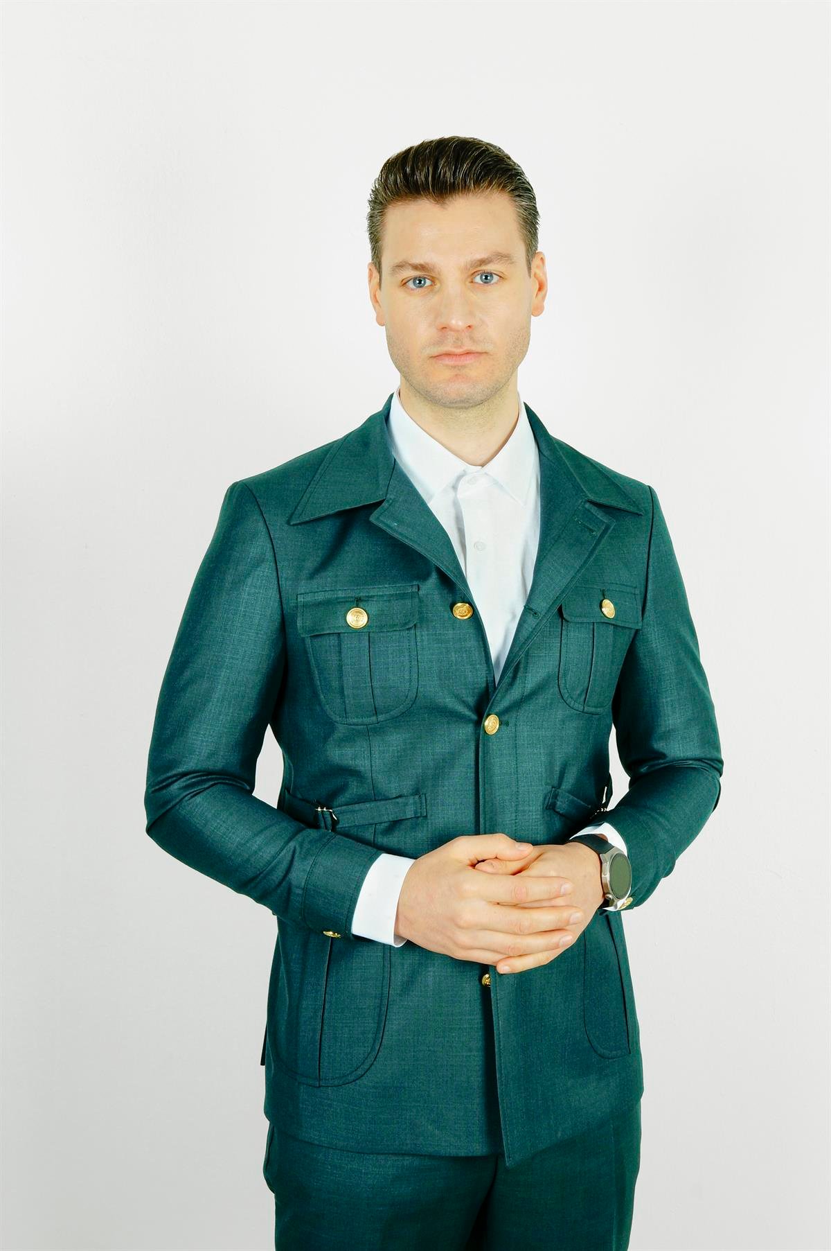 Maserto Slim Fit Yeşil Cepli Takım Elbise Kendinden Desenli