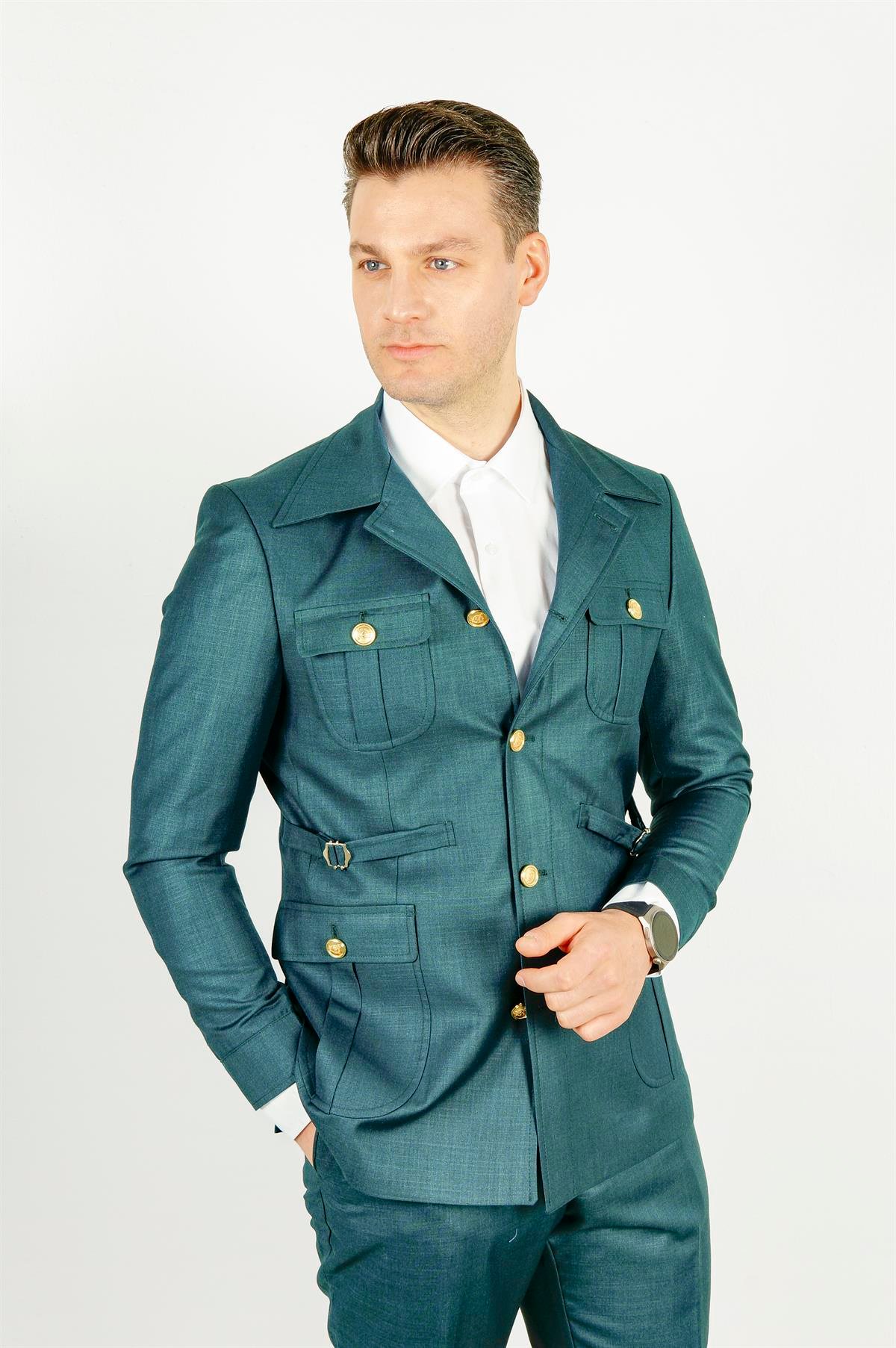 Maserto Slim Fit Yeşil Cepli Takım Elbise Kendinden Desenli