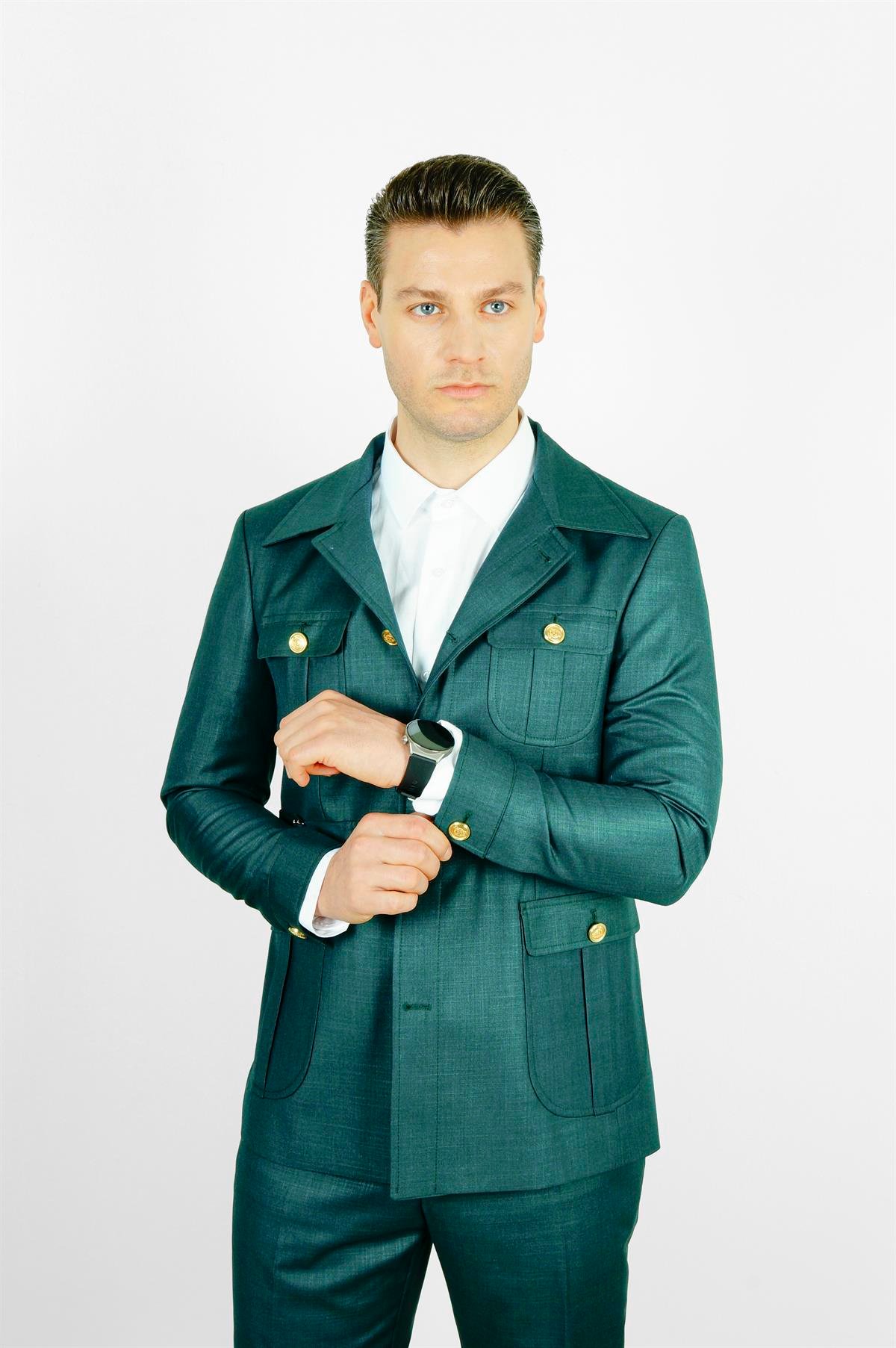 Maserto Slim Fit Yeşil Cepli Takım Elbise Kendinden Desenli