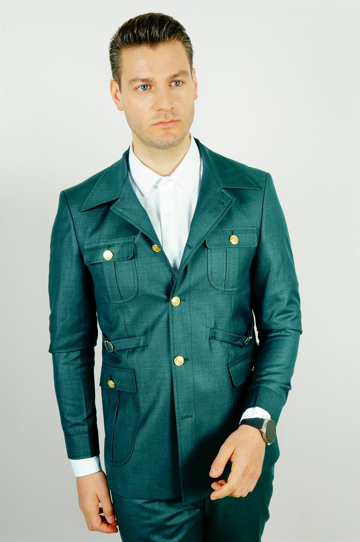 Maserto Slim Fit Yeşil Cepli Takım Elbise Kendinden Desenli