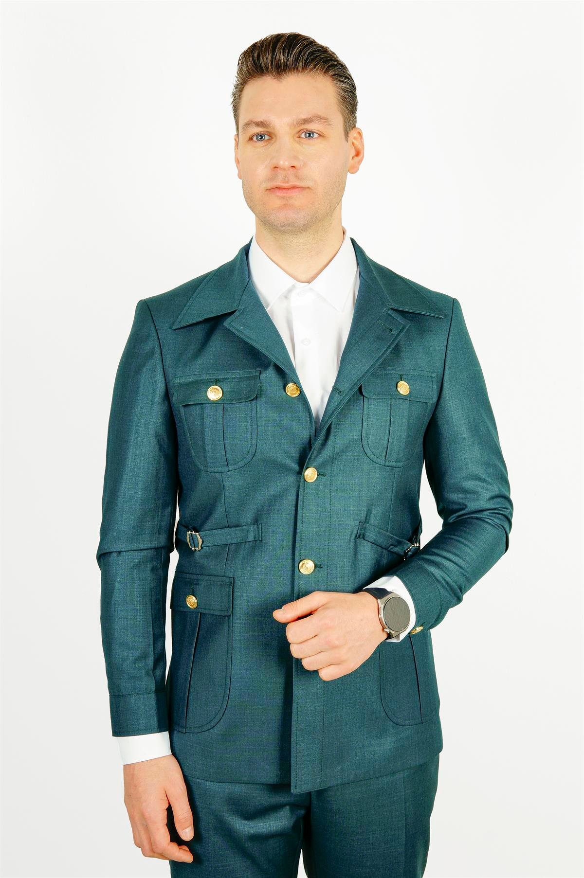 Maserto Slim Fit Yeşil Cepli Takım Elbise Kendinden Desenli