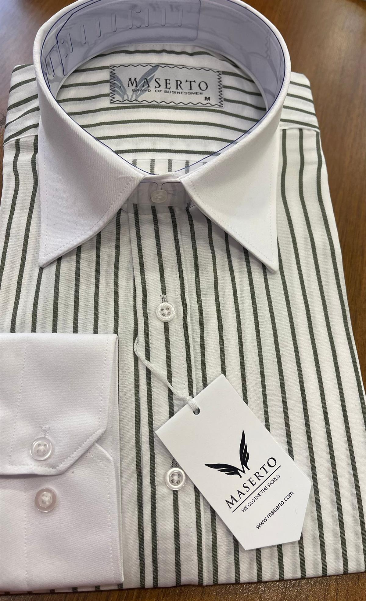 Maserto Slim Fit Yeşil Gömlek Çizgili Desenli
