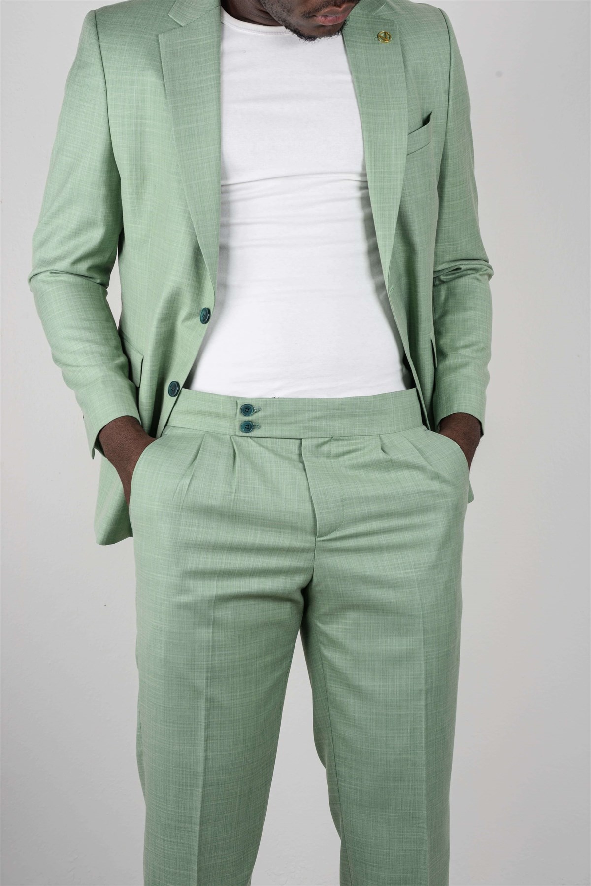 Maserto Slim Fit Yeşil Takım Elbise Düz Desenli