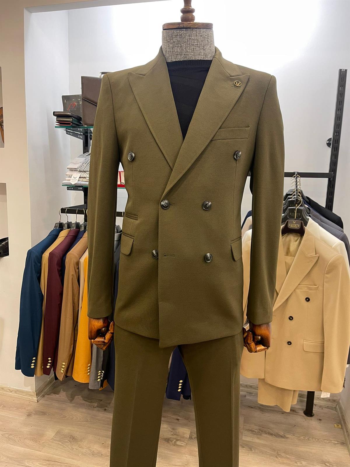 Maserto Slim Fit Yeşil Takım Elbise Düz Desenli