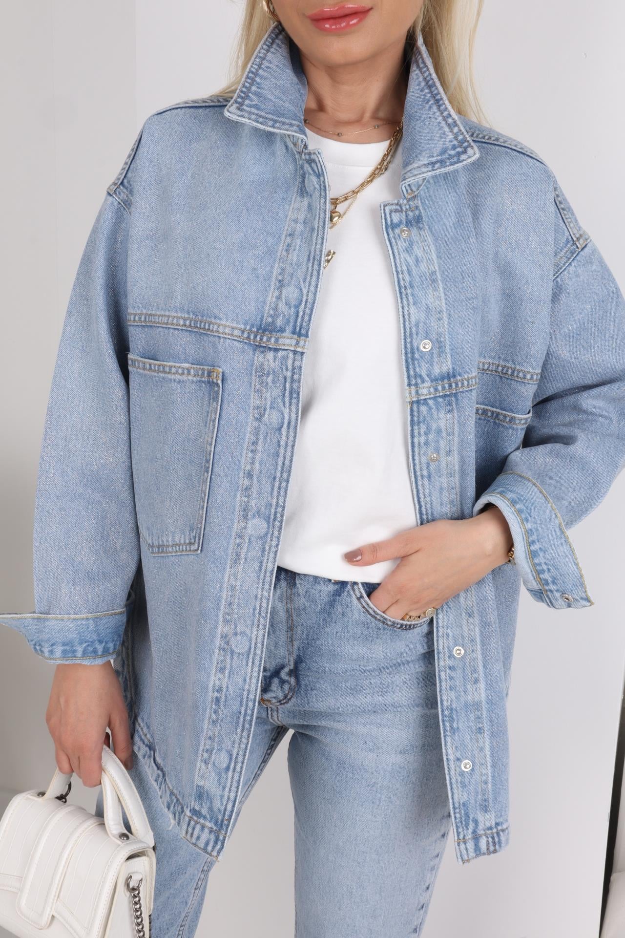 Açık Mavi Simli Oversize Denim Ceket CEKET