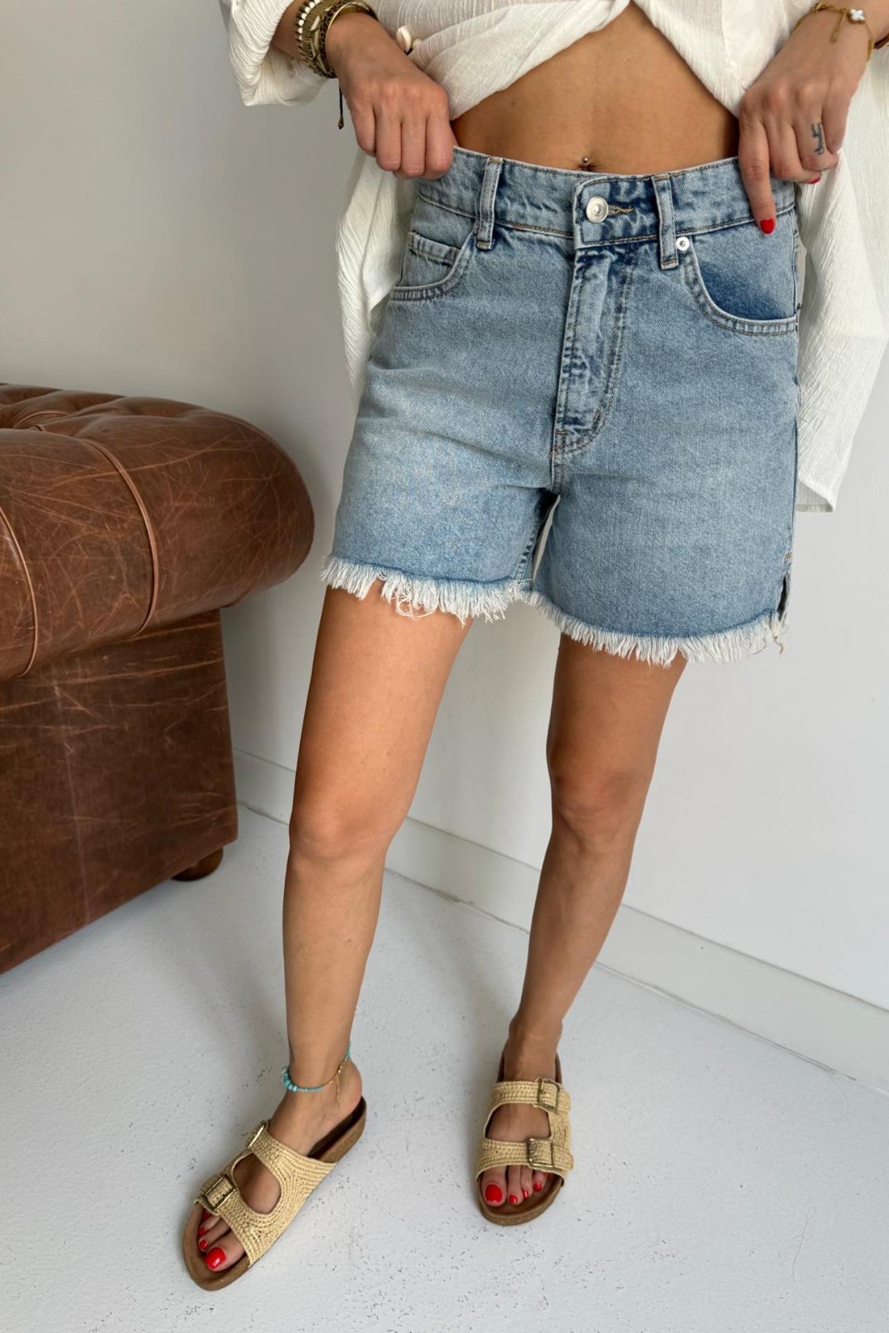 Açık  Mavi Yırtmaçlı  Denim Şort ŞORT