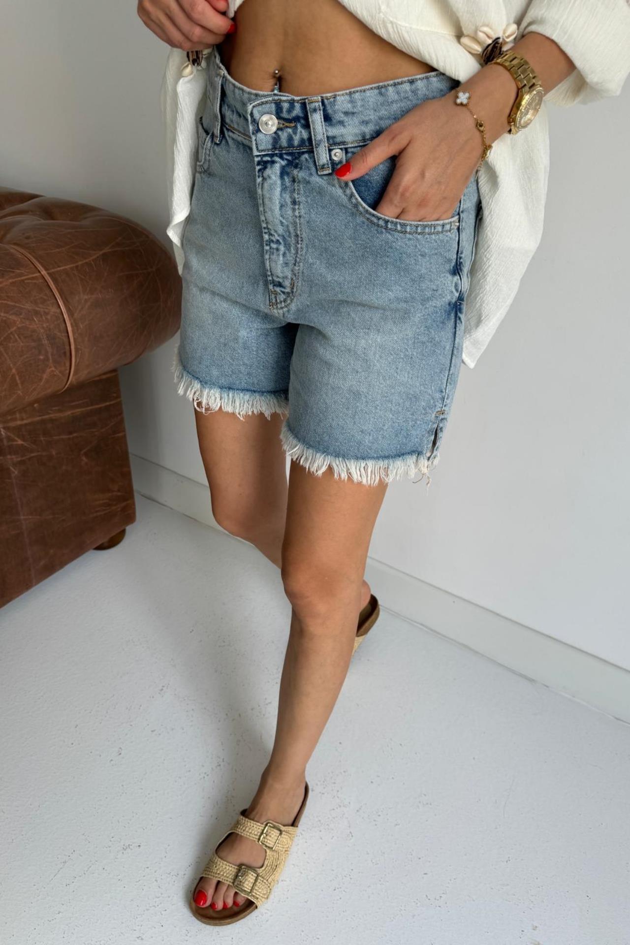 Açık  Mavi Yırtmaçlı  Denim Şort ŞORT