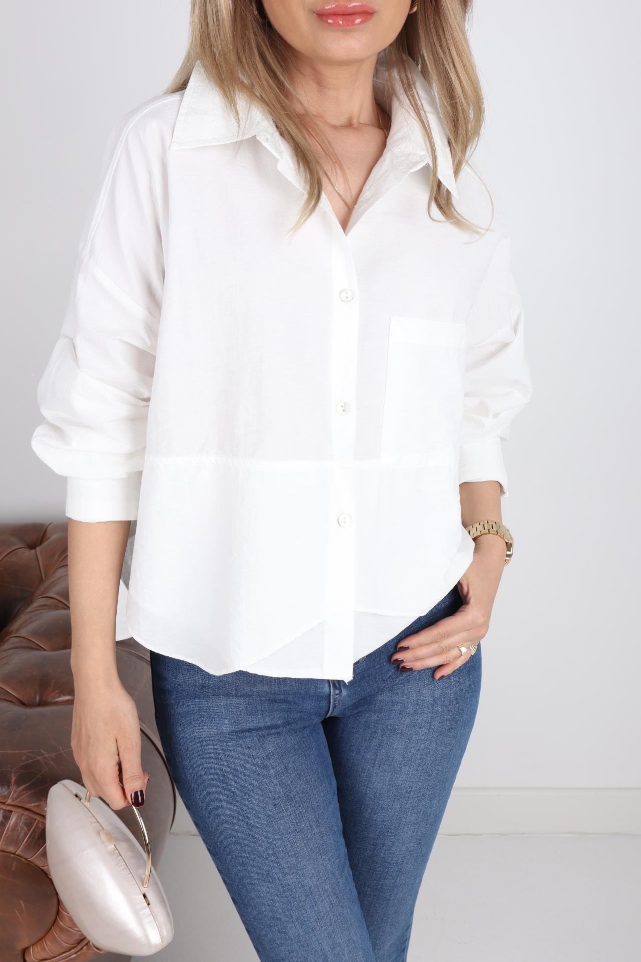 Asimetrik Kesim Ekru Crop Gömlek GÖMLEK