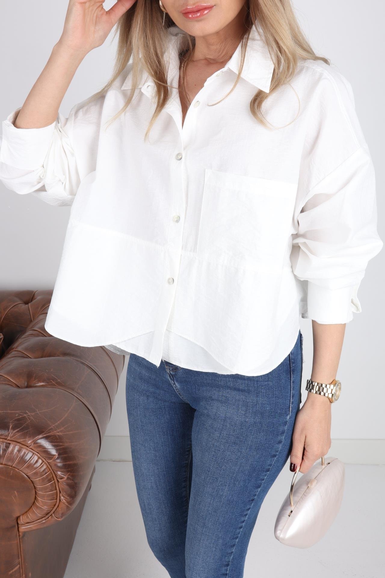 Asimetrik Kesim Ekru Crop Gömlek GÖMLEK