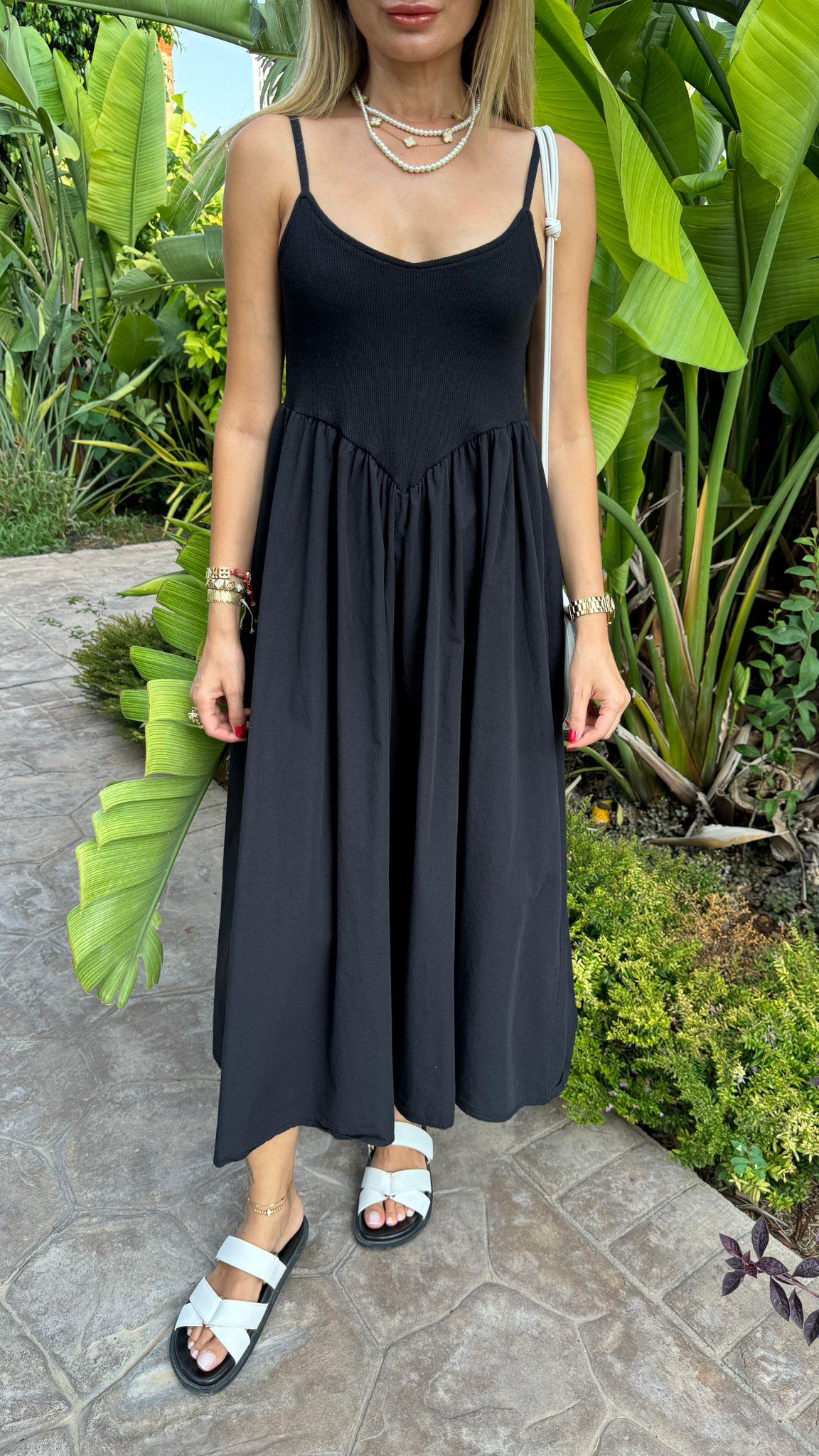 Askılı Fitilli Siyah Elbise ELBİSE