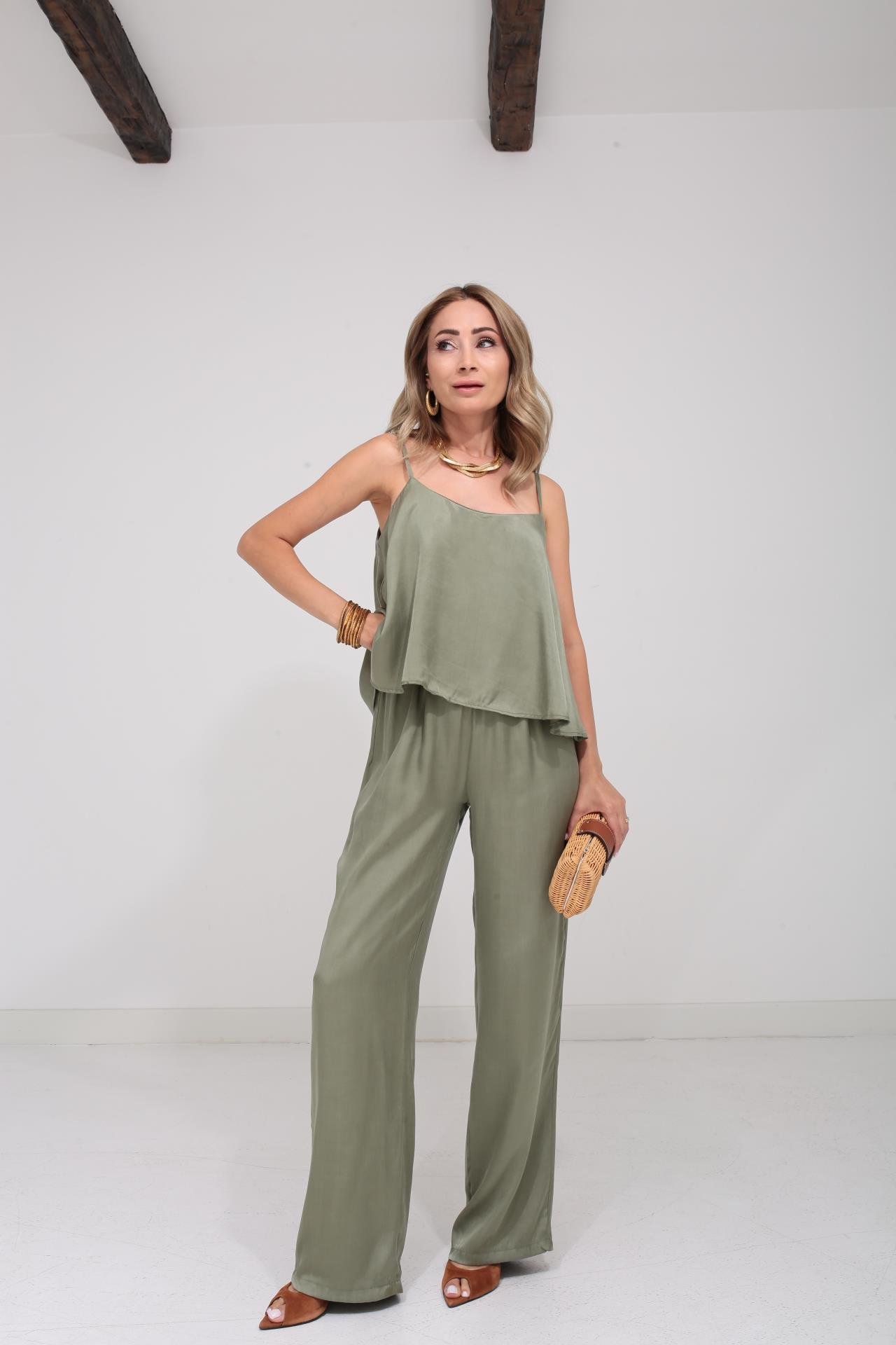 Askılı Tensel Kumaş Haki Bluz Pantolon TAKIM | NO33