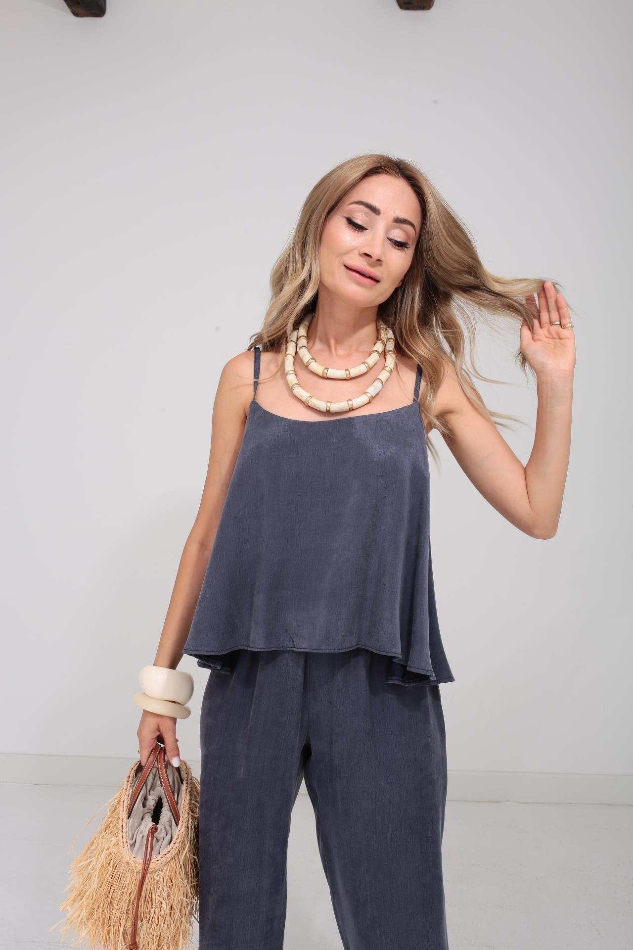 Askılı Tensel Kumaş Lacivert Bluz Pantolon TAKIM | NO33