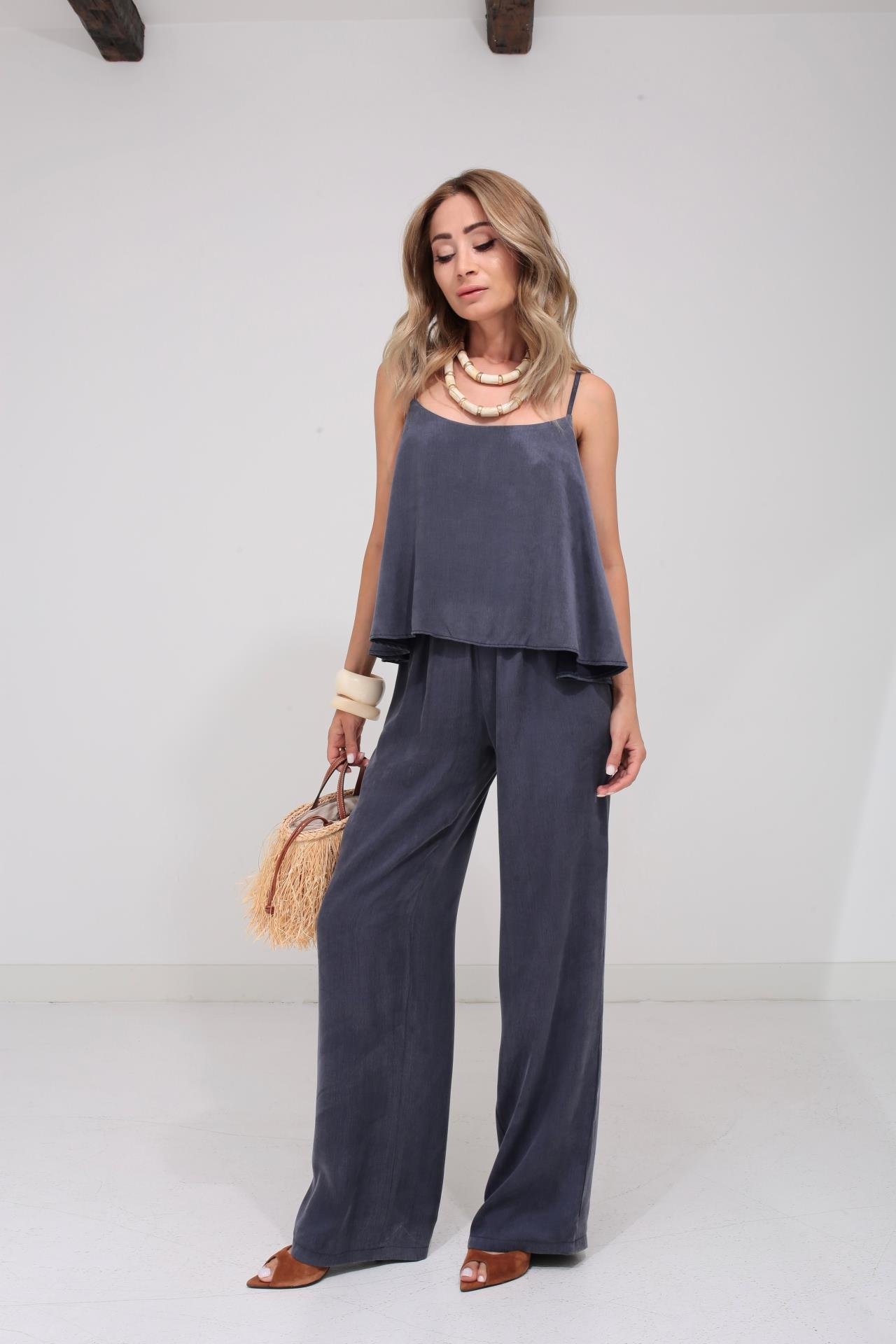 Askılı Tensel Kumaş Lacivert Bluz Pantolon TAKIM | NO33