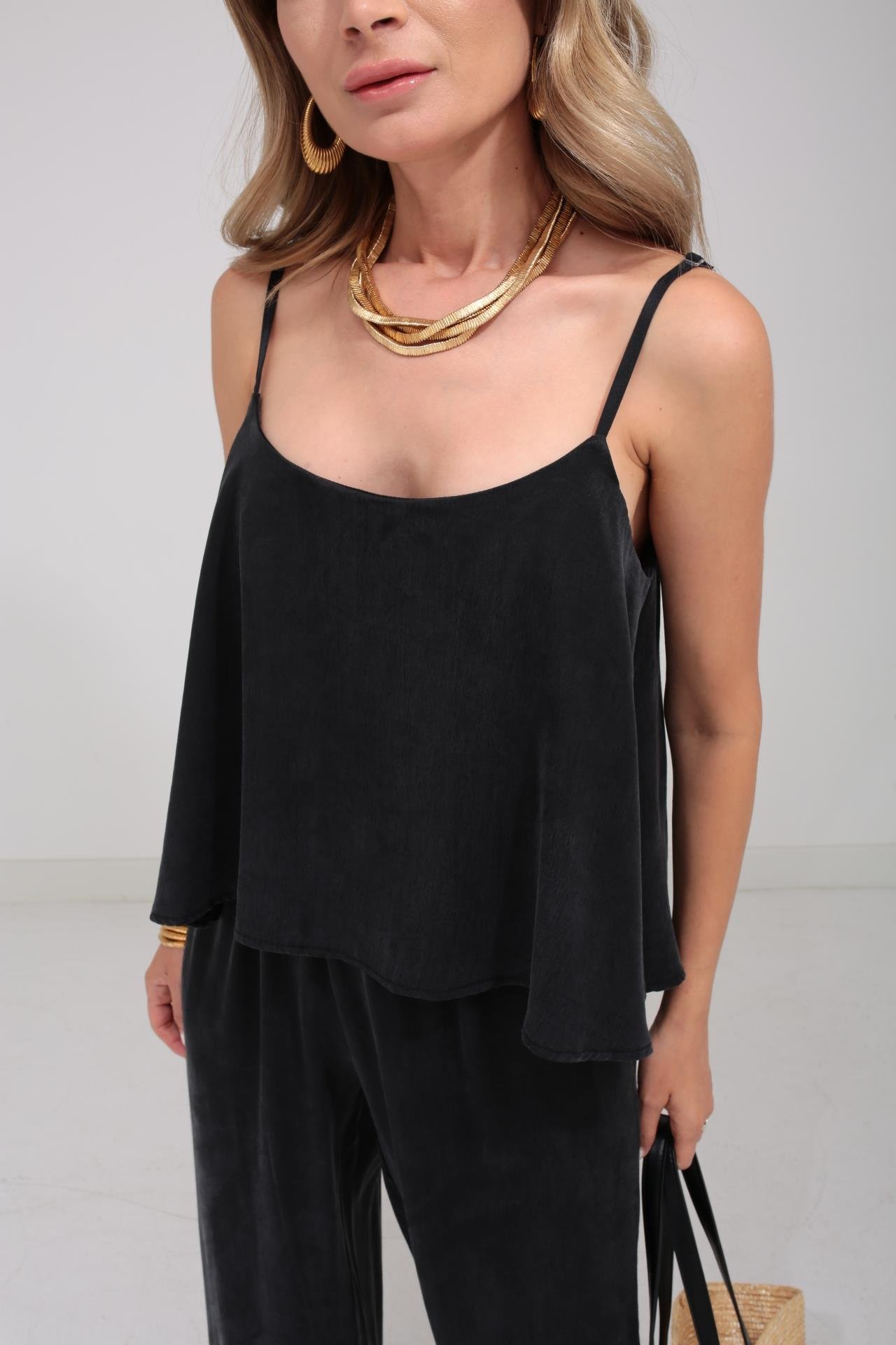 Askılı Tensel Kumaş Siyah Bluz Pantolon TAKIM | NO33