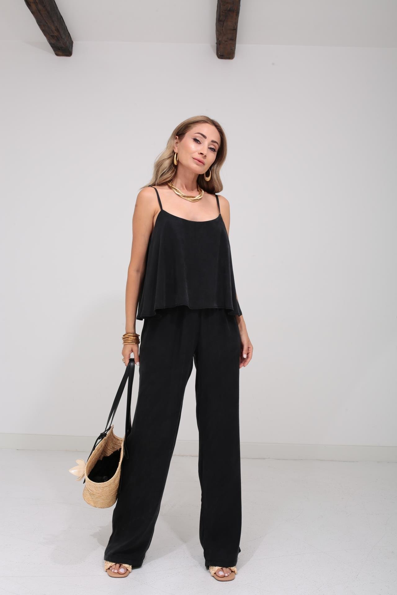 Askılı Tensel Kumaş Siyah Bluz Pantolon TAKIM | NO33