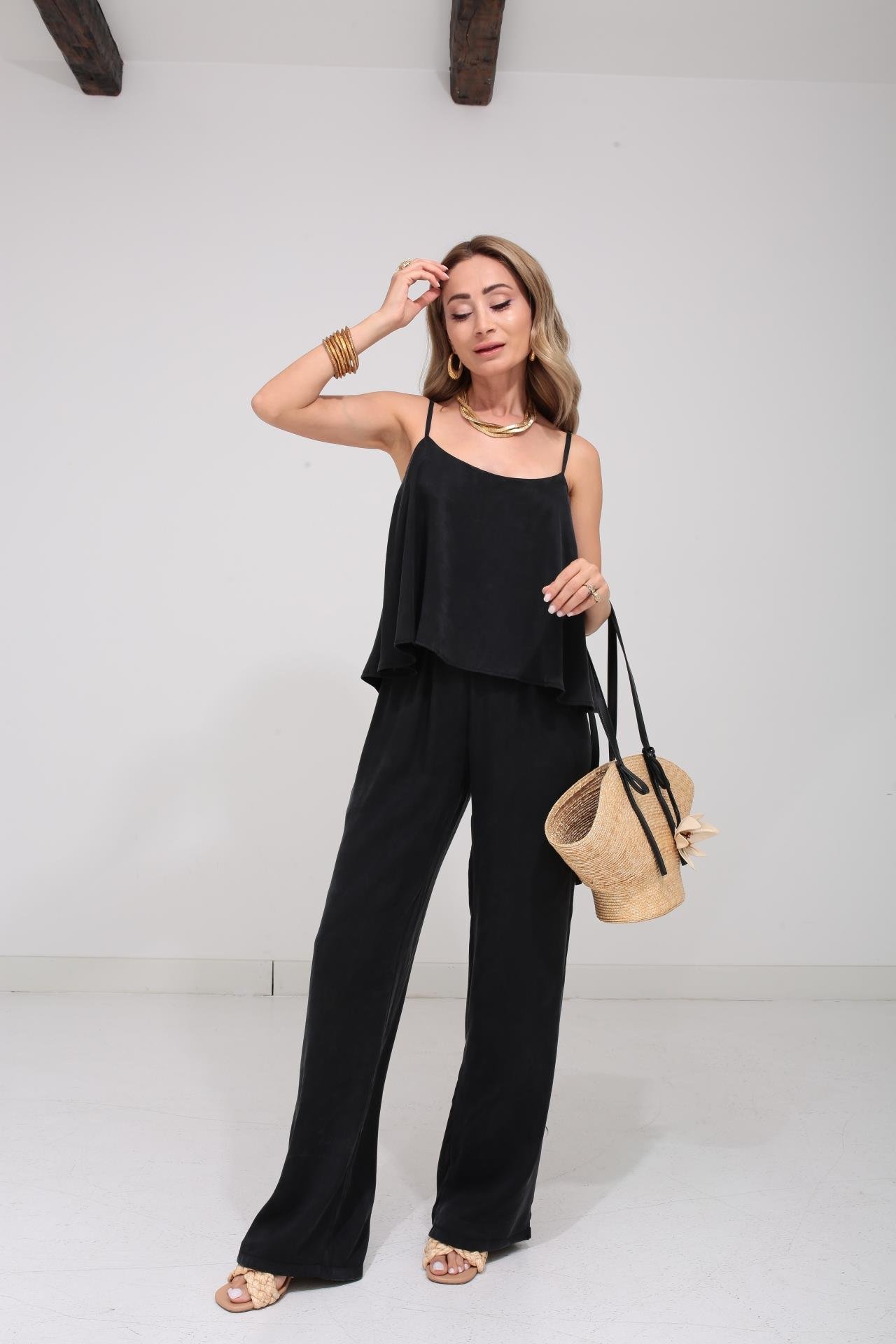 Askılı Tensel Kumaş Siyah Bluz Pantolon TAKIM | NO33