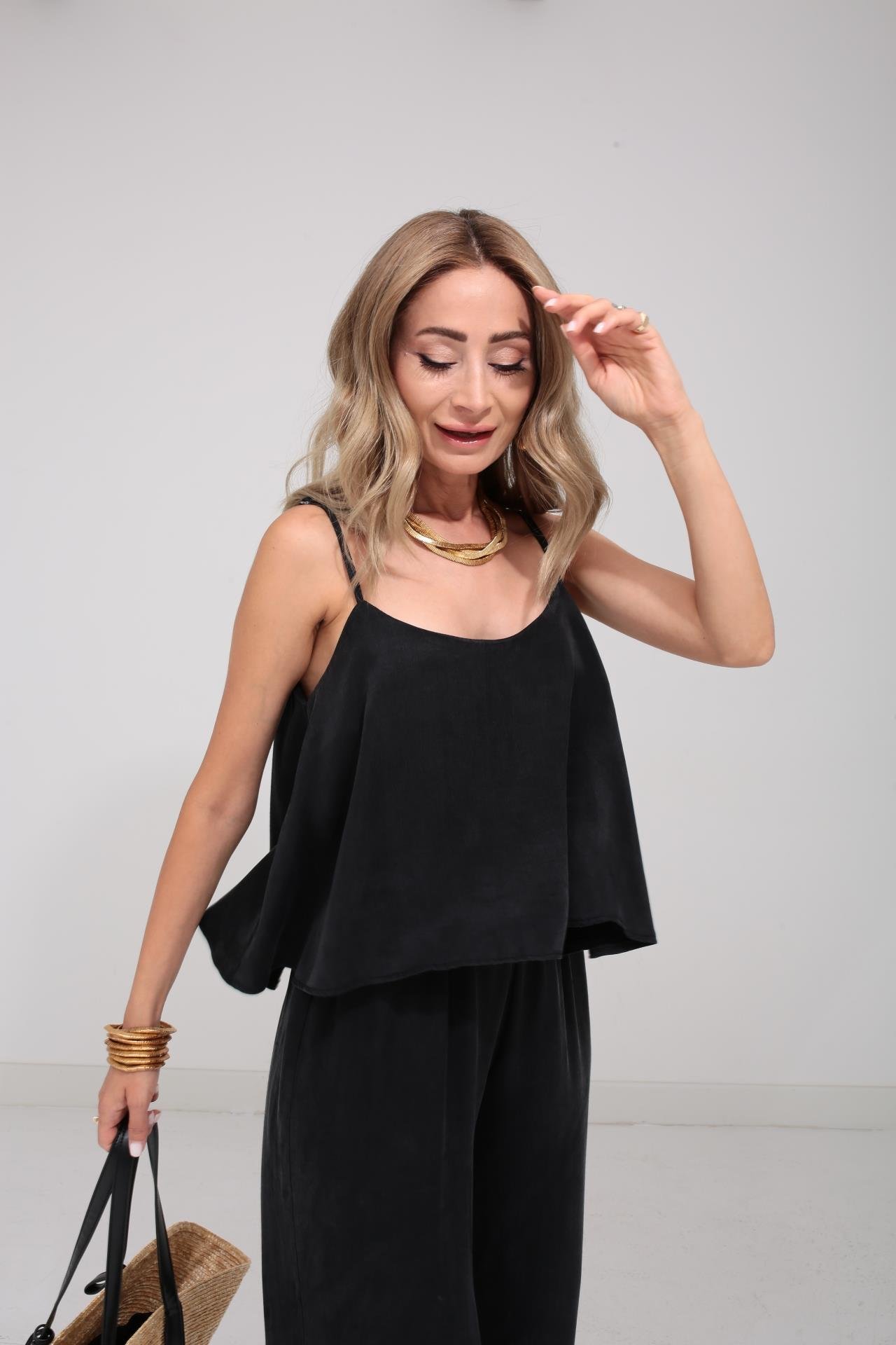 Askılı Tensel Kumaş Siyah Bluz Pantolon TAKIM | NO33