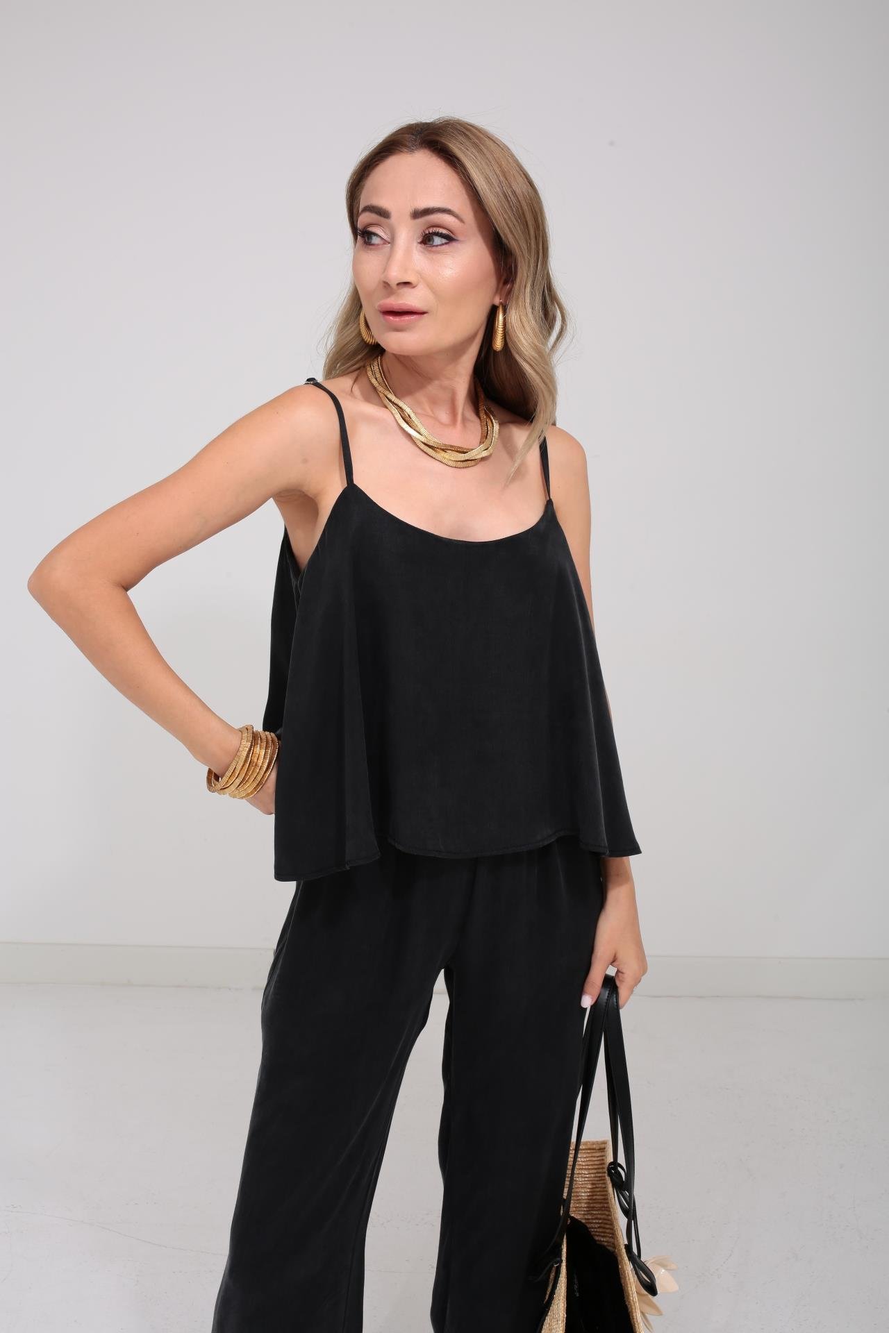 Askılı Tensel Kumaş Siyah Bluz Pantolon TAKIM | NO33