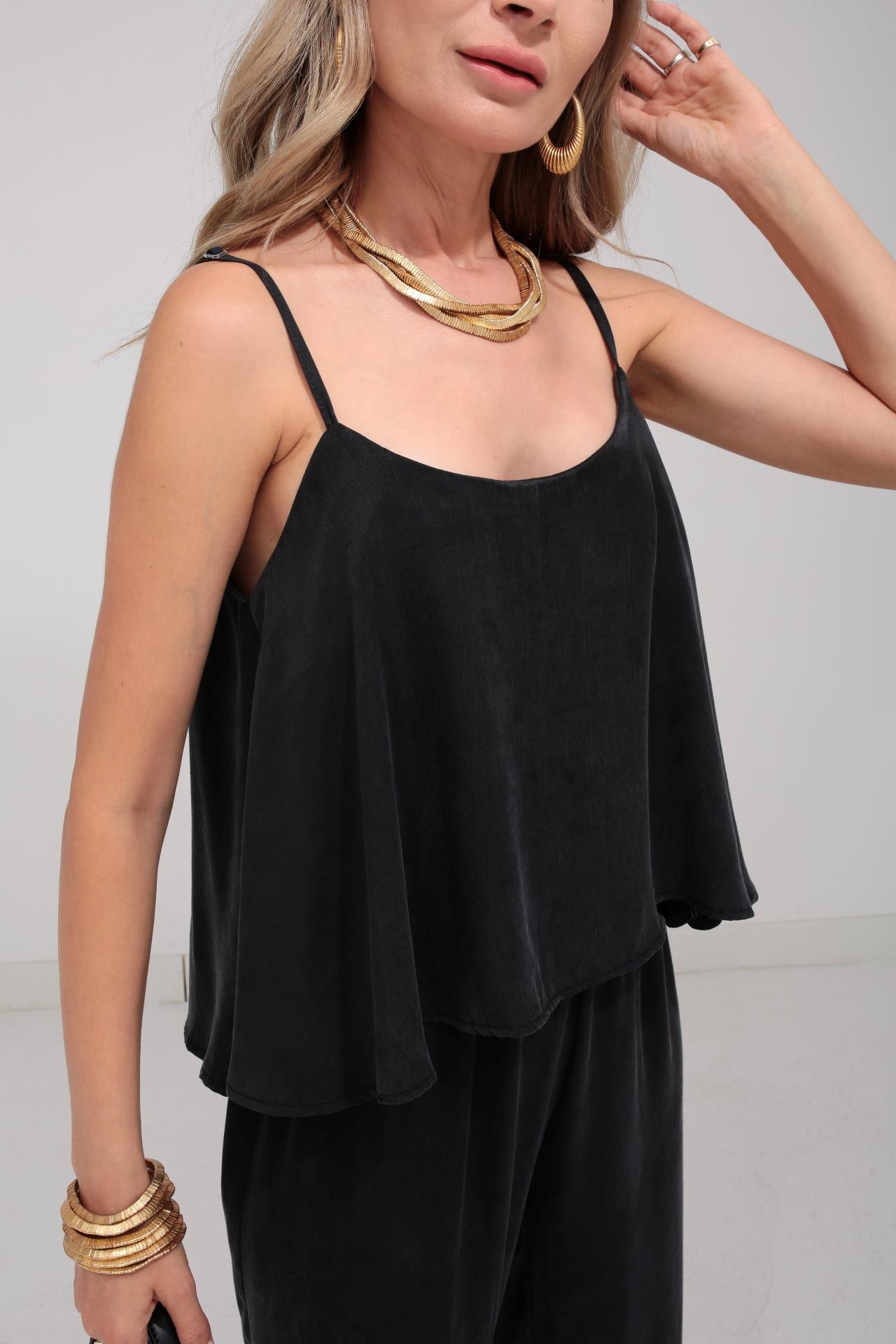 Askılı Tensel Kumaş Siyah Bluz Pantolon TAKIM | NO33