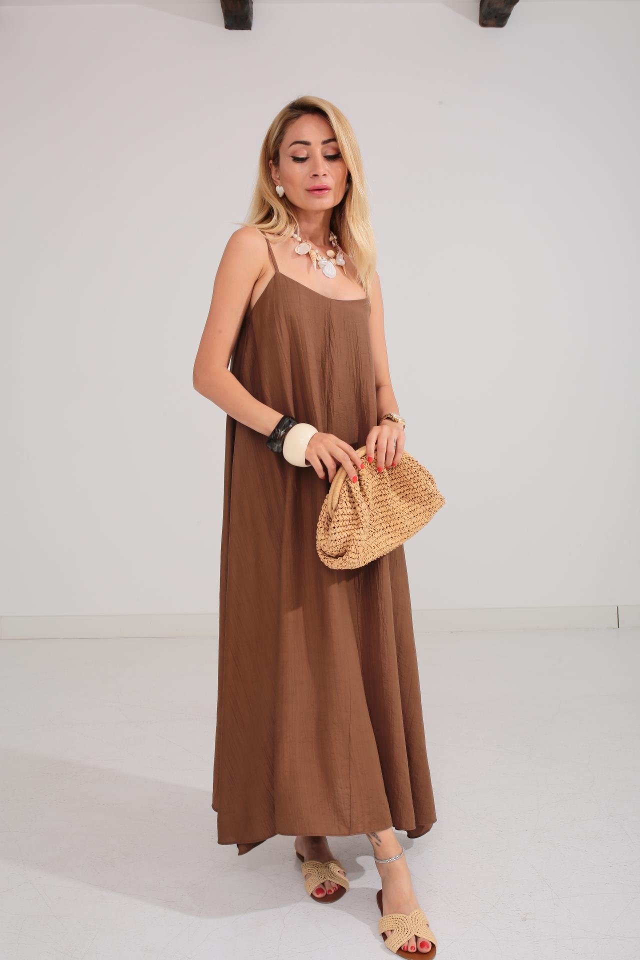 Askısı Ayarlanabilir Kahve Uzun Elbise ELBİSE | NO33