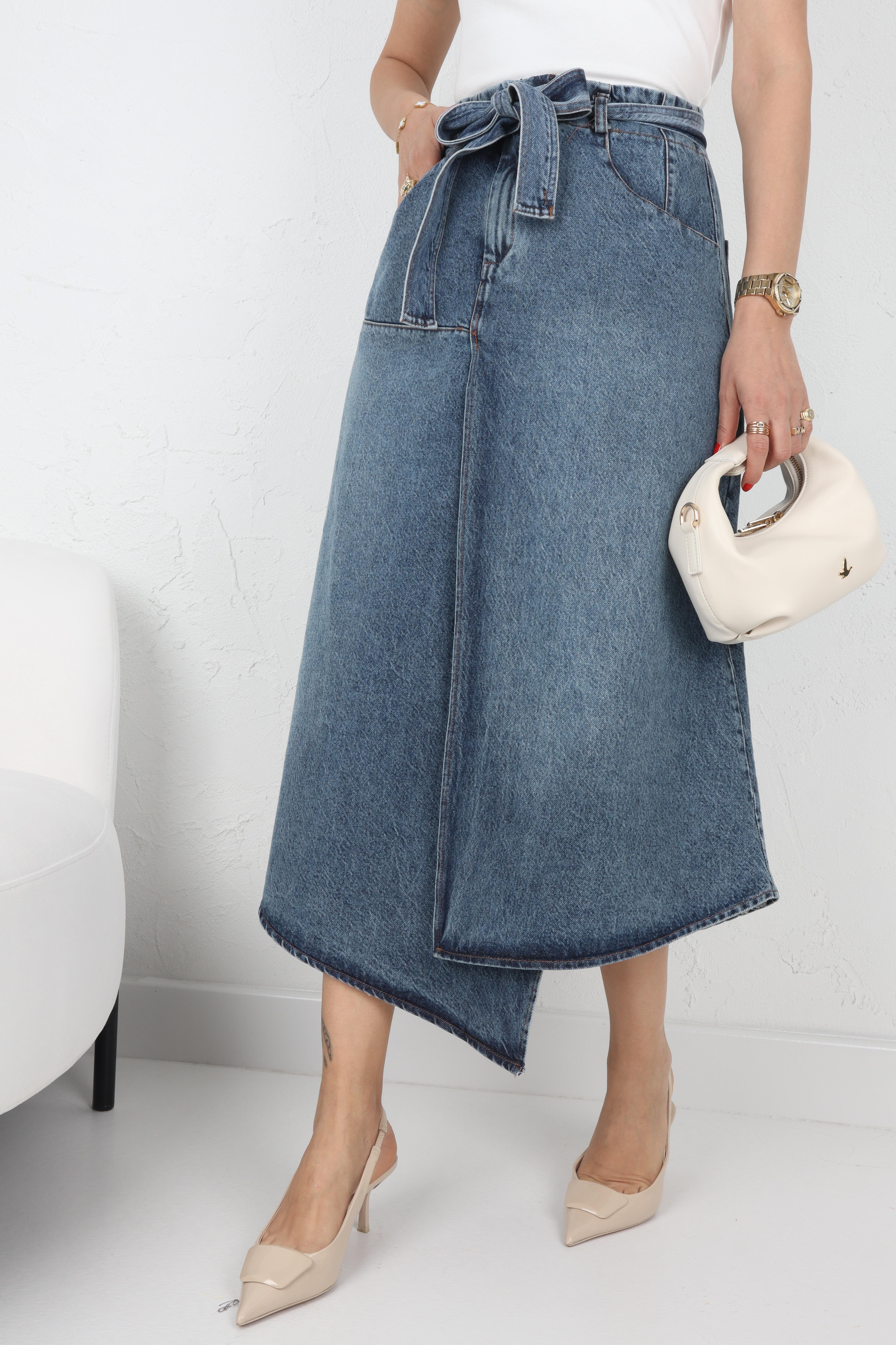 Bağlamalı Beli Lastikli Asimetrik Denim Etek ETEK