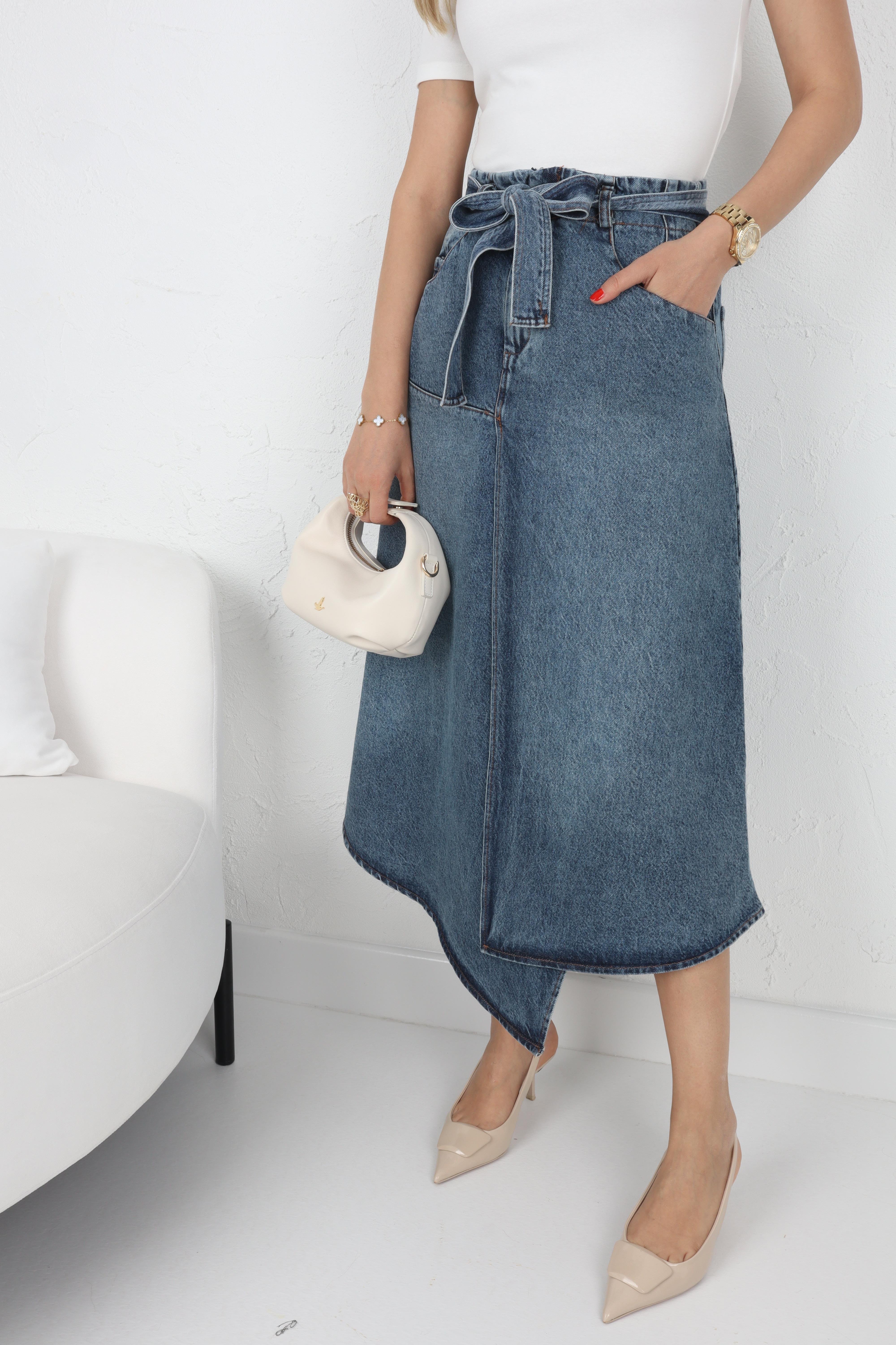 Bağlamalı Beli Lastikli Asimetrik Denim Etek ETEK