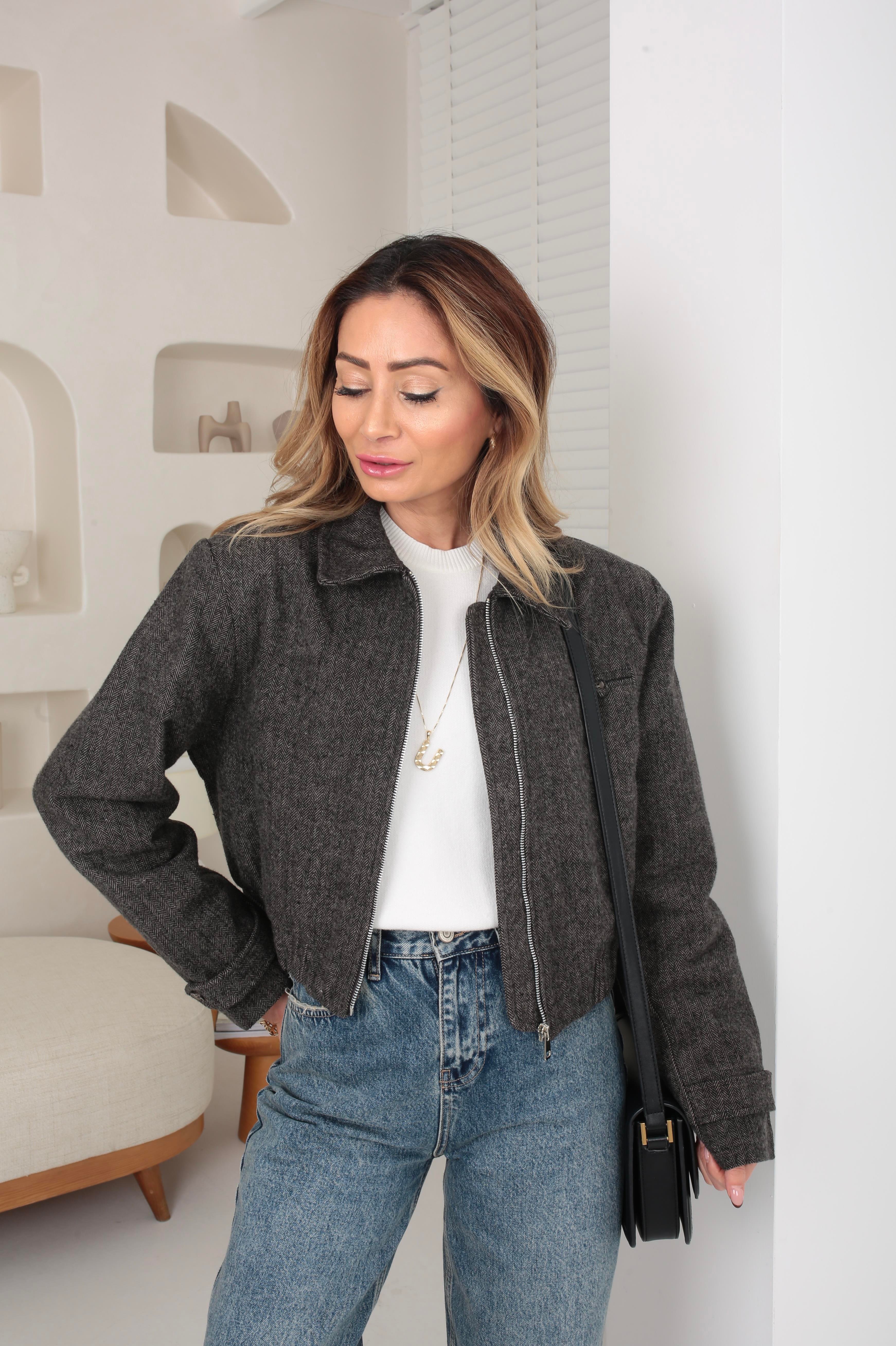 Balıksırtı Desen Kısa Kaşe Ceket CEKET