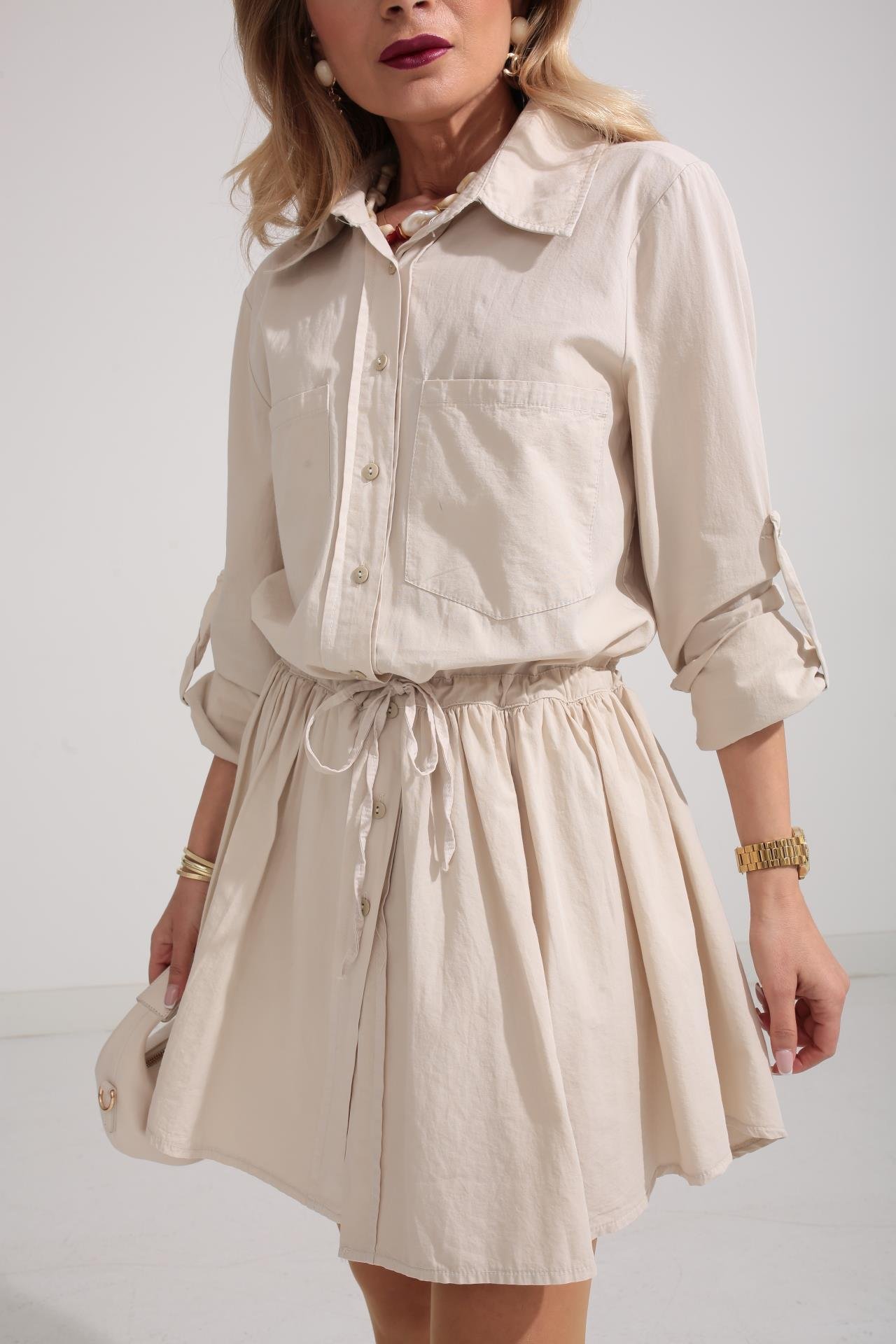 Bej Şort Astarlı Pamuklu Kumaş Elbise ELBİSE