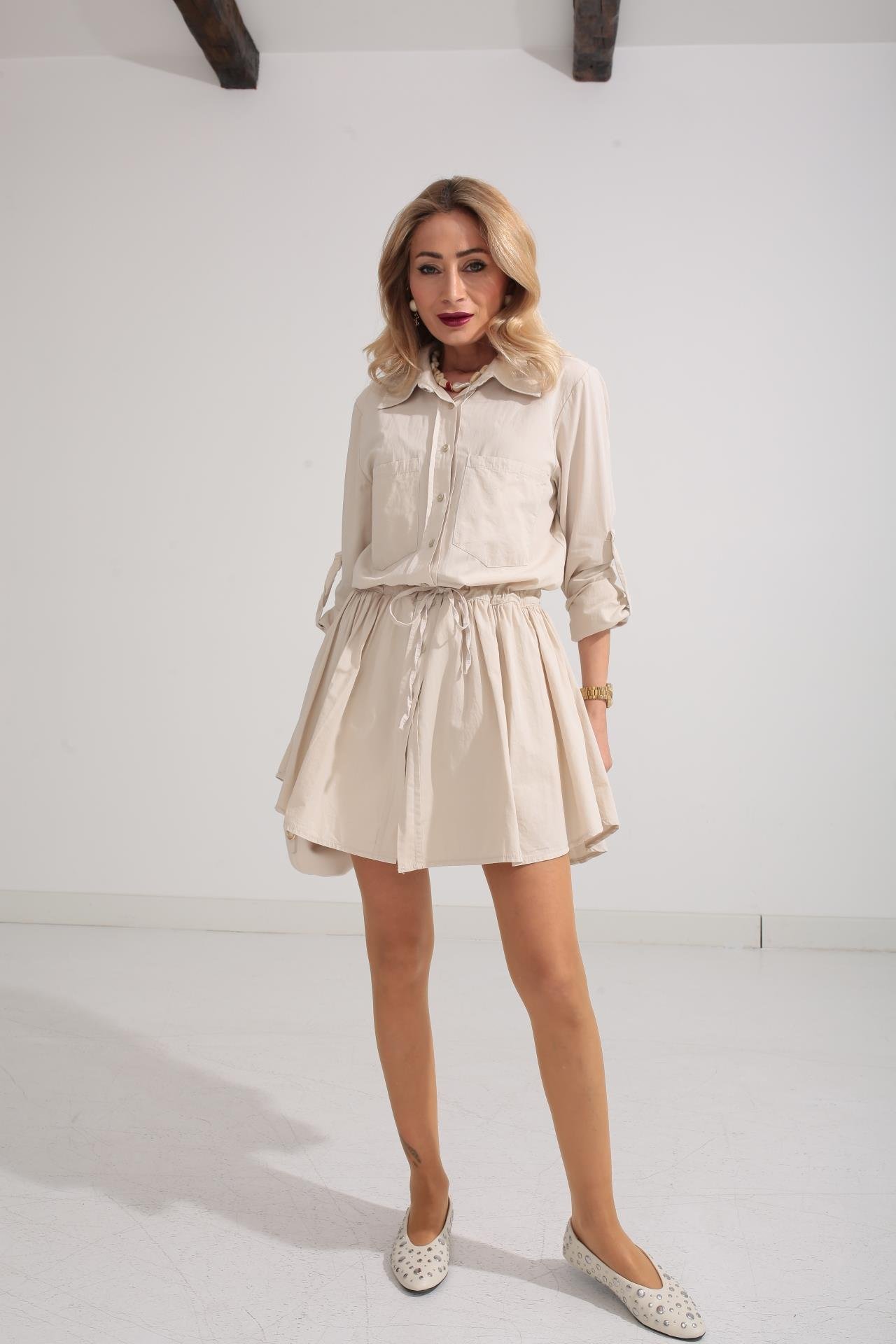 Bej Şort Astarlı Pamuklu Kumaş Elbise ELBİSE