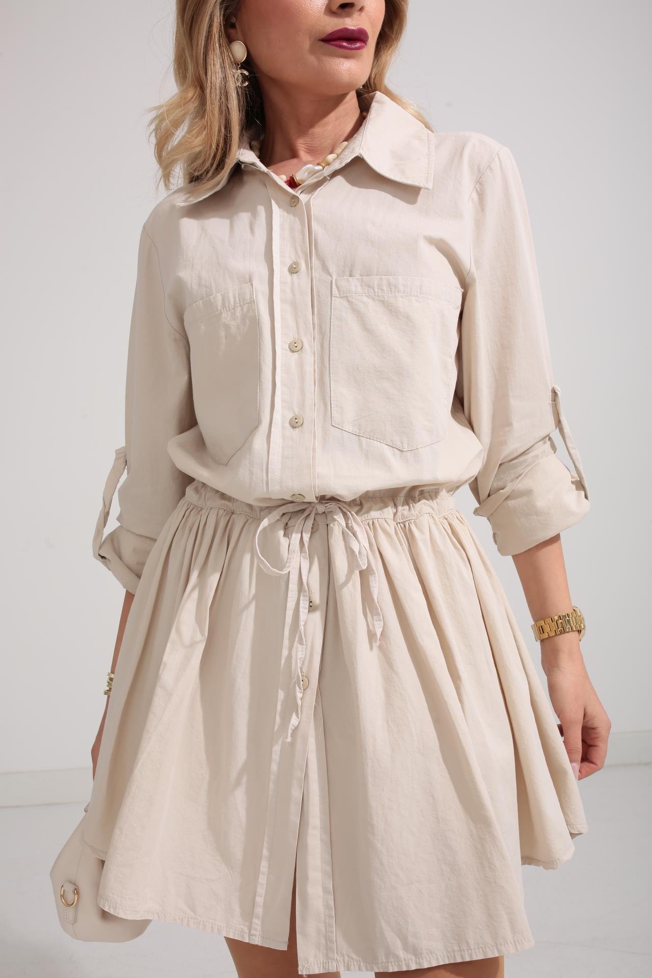 Bej Şort Astarlı Pamuklu Kumaş Elbise ELBİSE