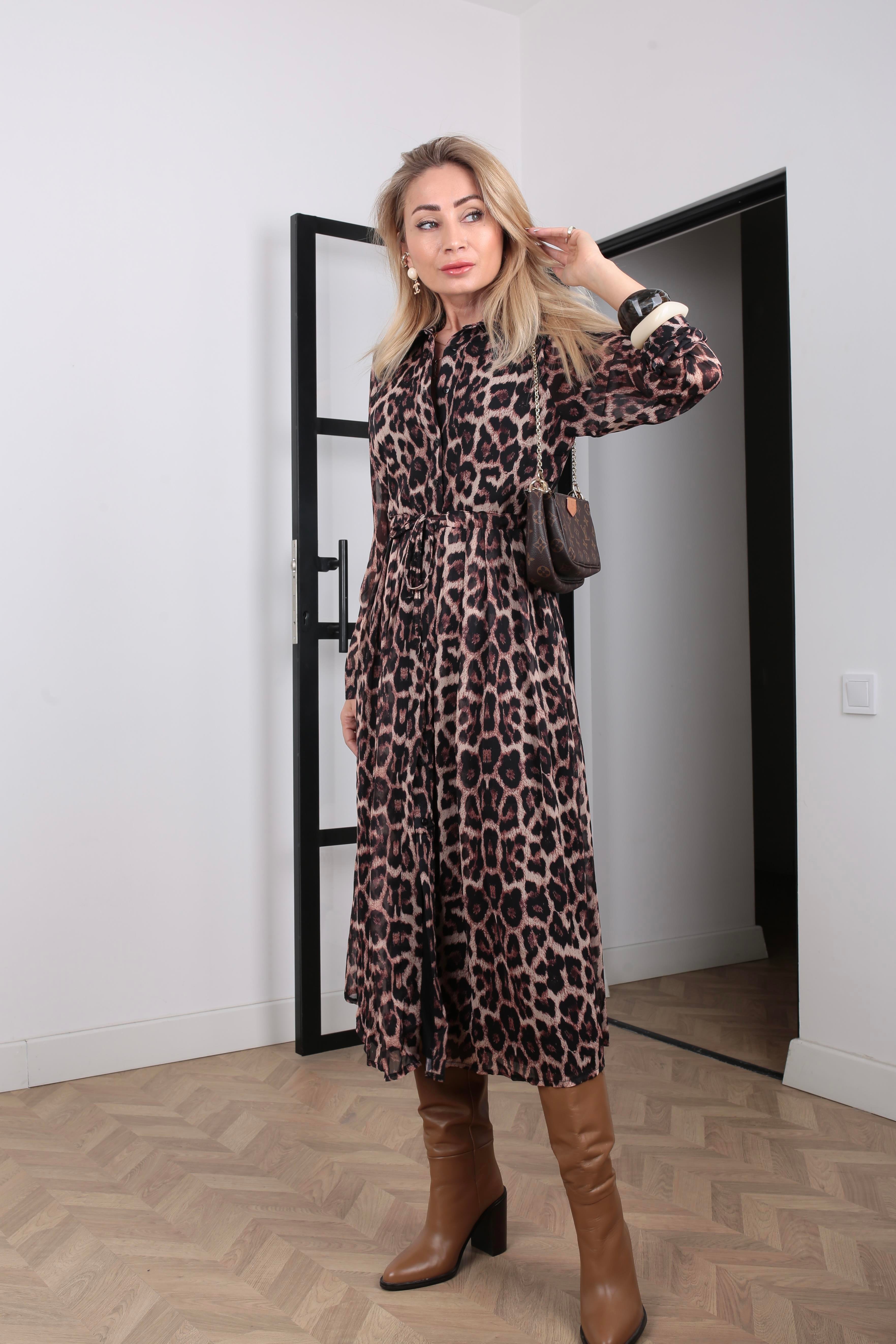 Belden Büzgülü Leopar Desen Şifon Elbise ELBİSE