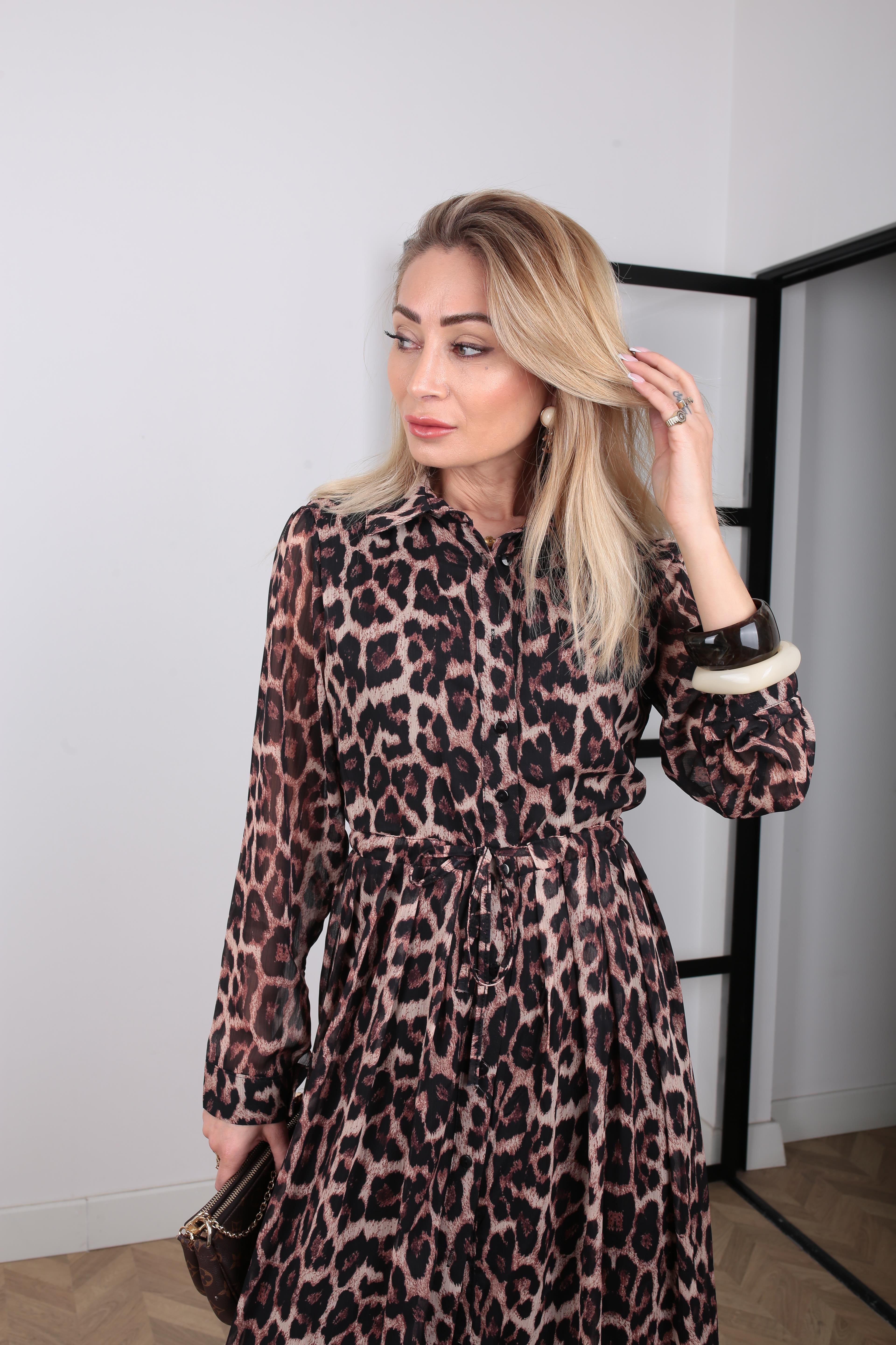 Belden Büzgülü Leopar Desen Şifon Elbise ELBİSE