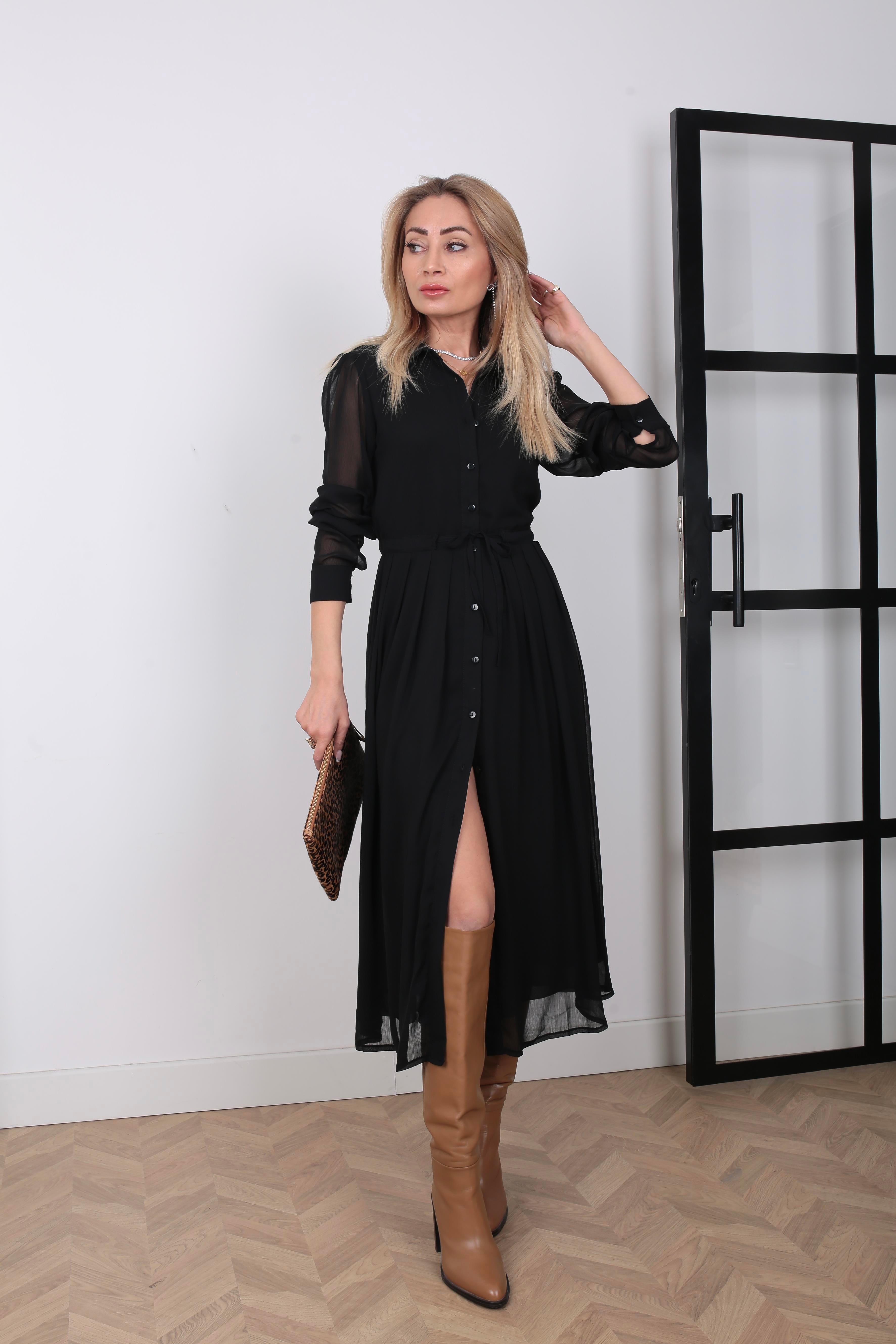 Belden Büzgülü Siyah Şifon Elbise ELBİSE