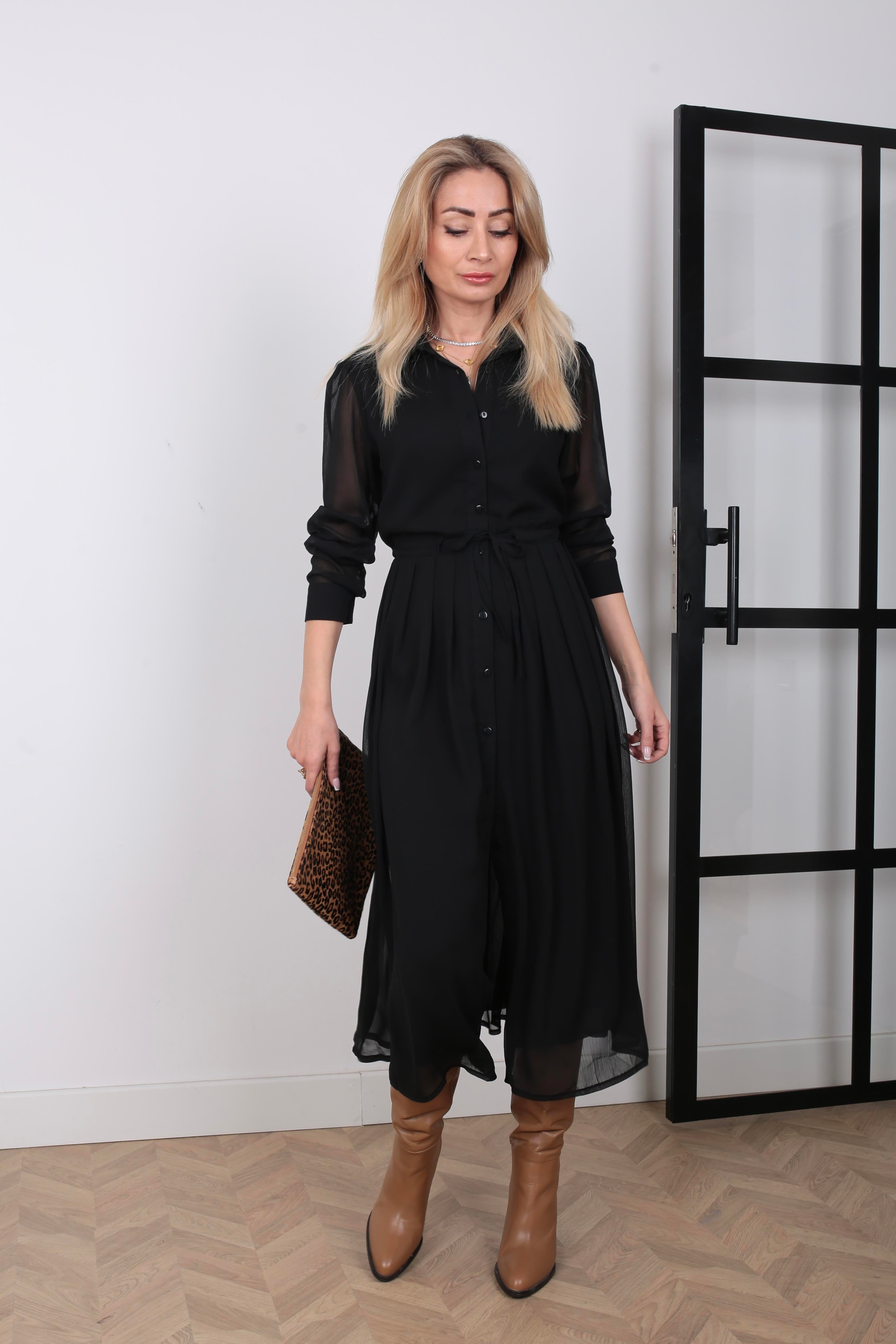 Belden Büzgülü Siyah Şifon Elbise ELBİSE