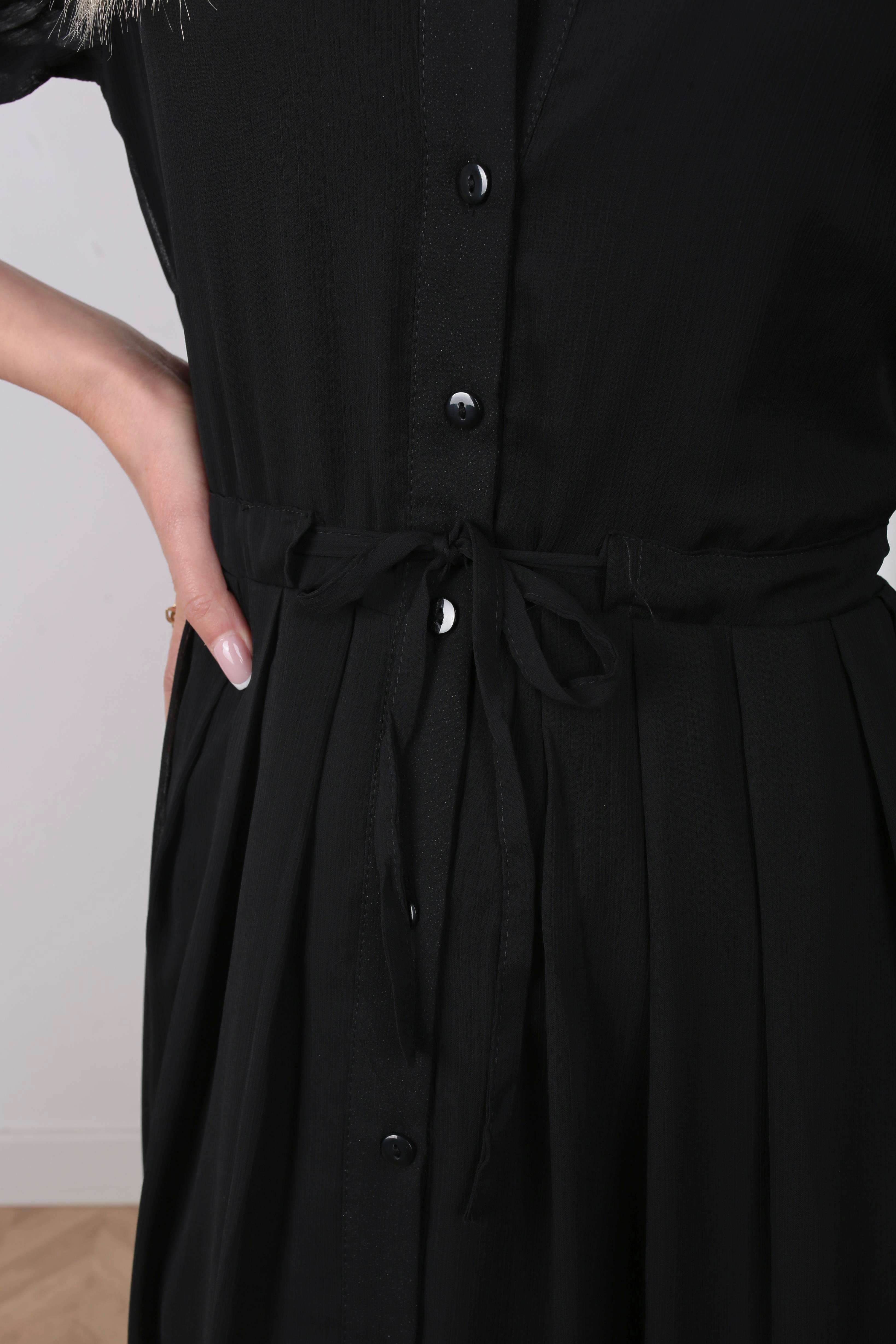 Belden Büzgülü Siyah Şifon Elbise ELBİSE