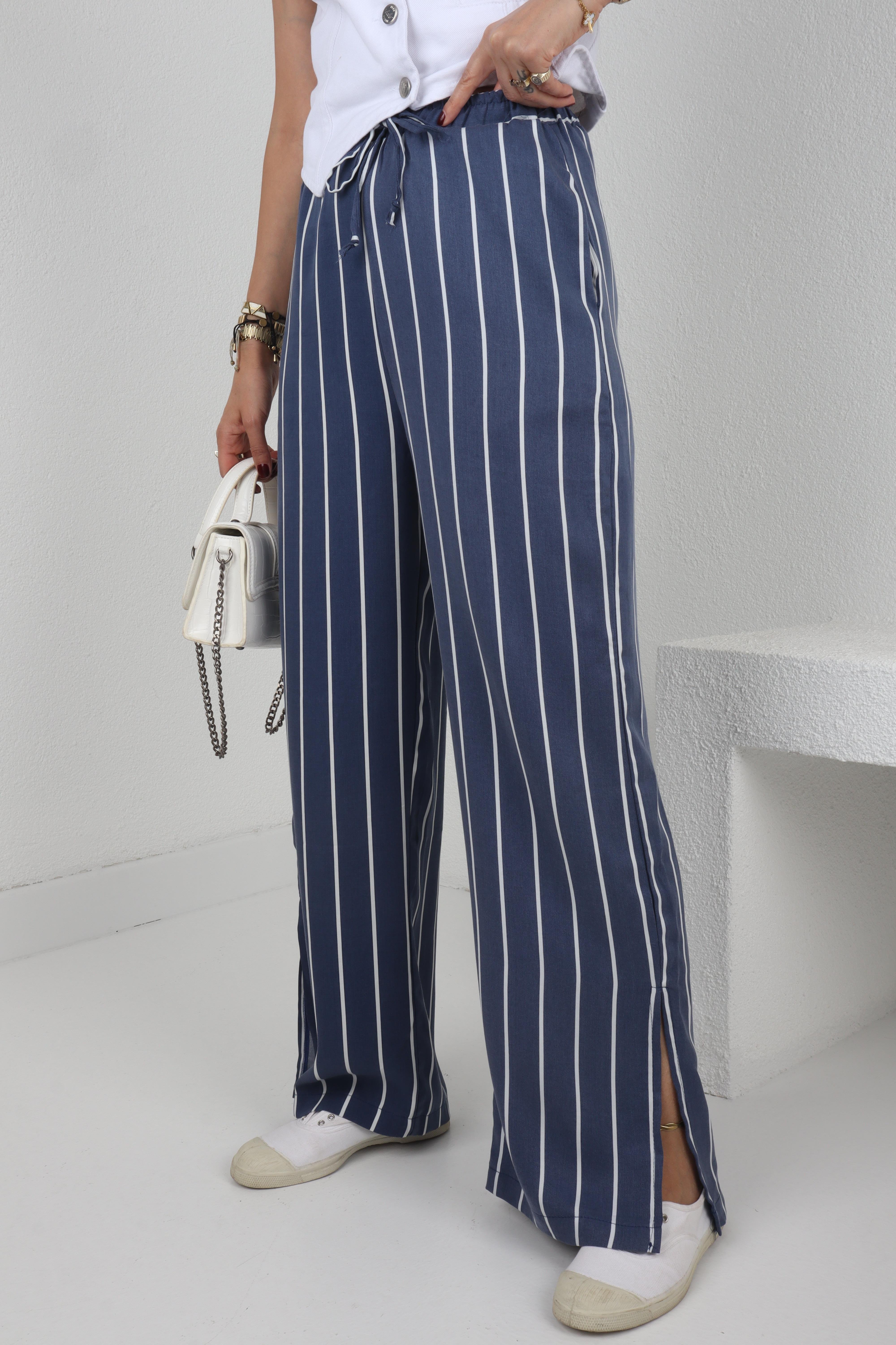 Beli Bağcıklı Lacivert Çizgili Pantolon PANTOLON