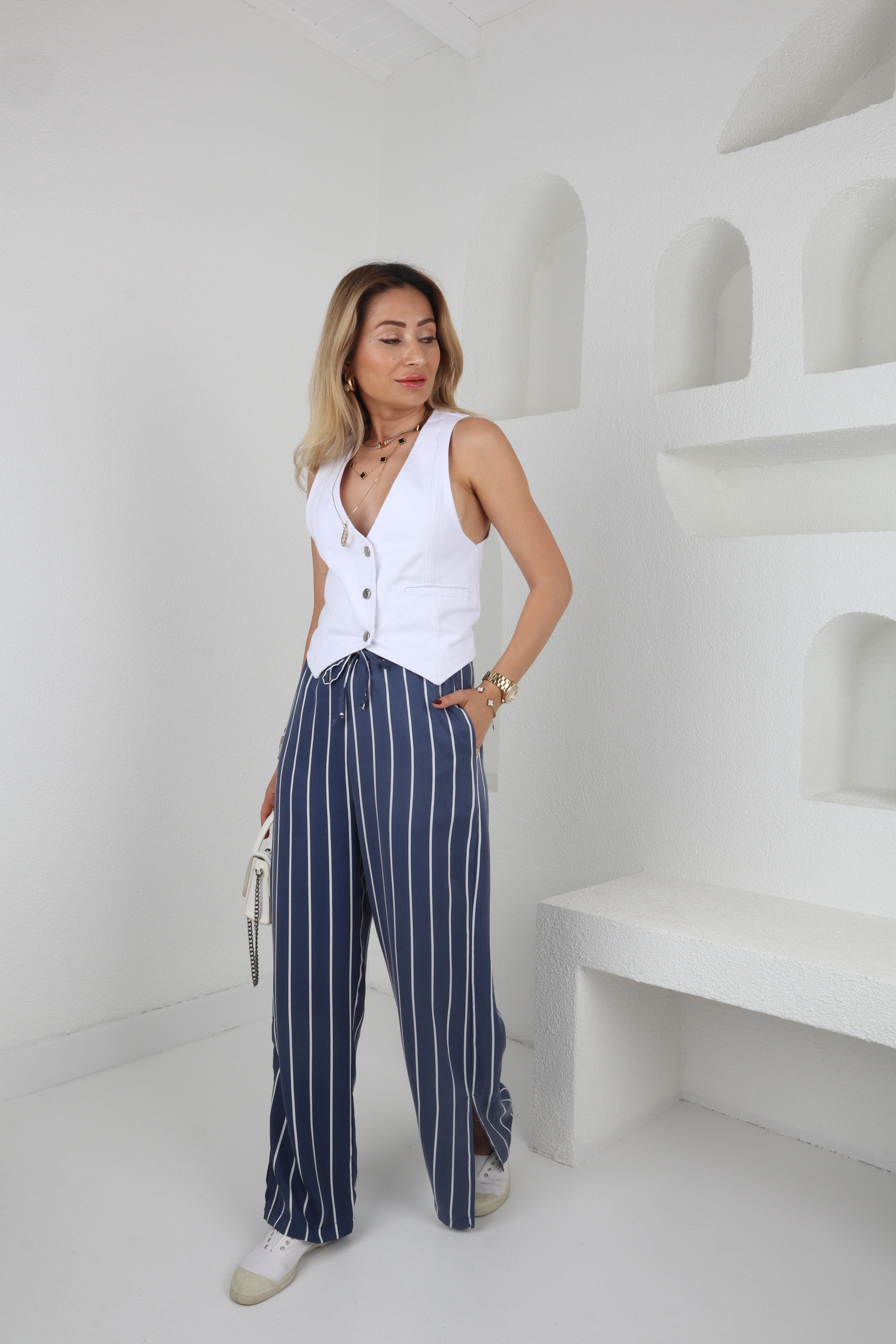 Beli Bağcıklı Lacivert Çizgili Pantolon PANTOLON