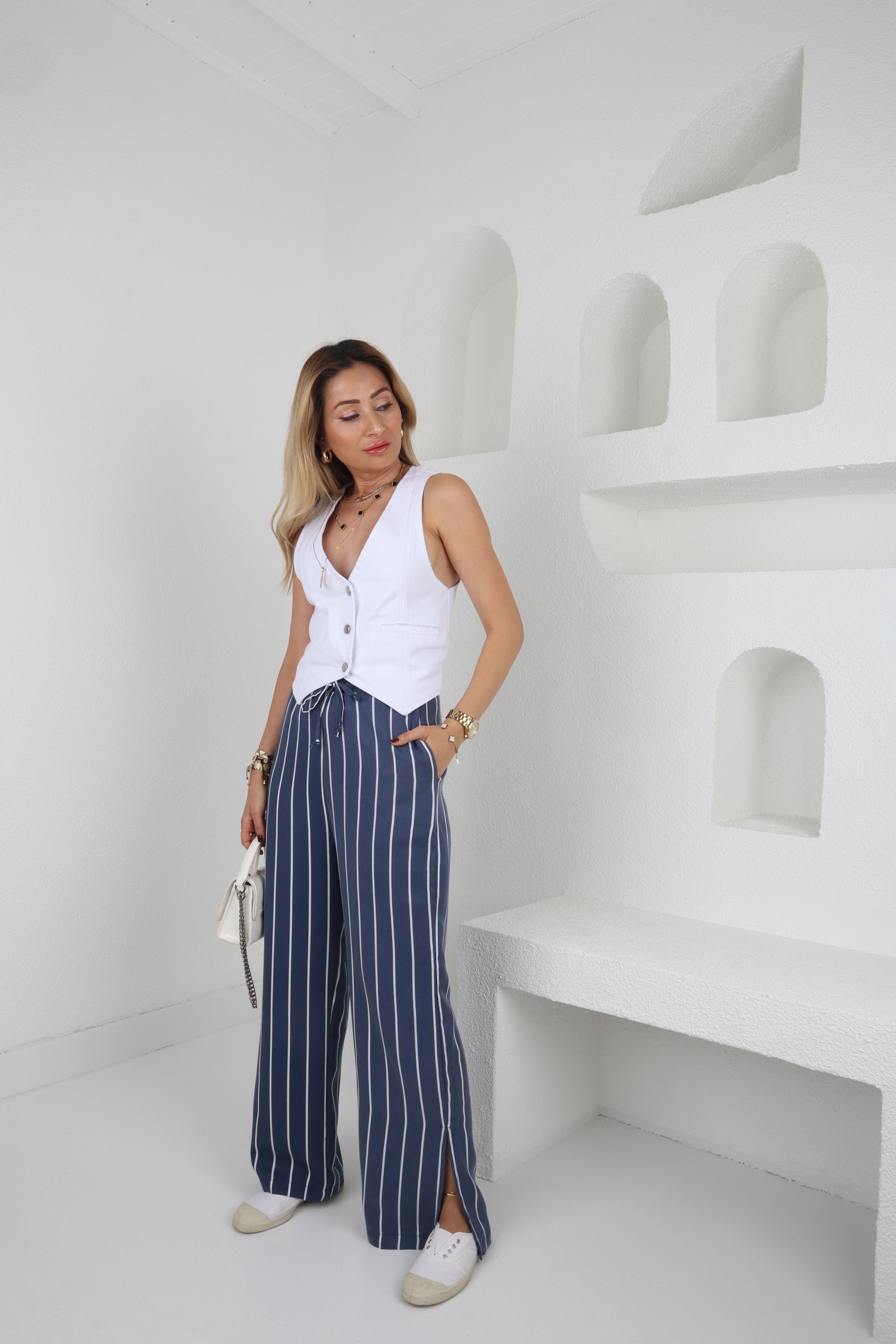 Beli Bağcıklı Lacivert Çizgili Pantolon PANTOLON