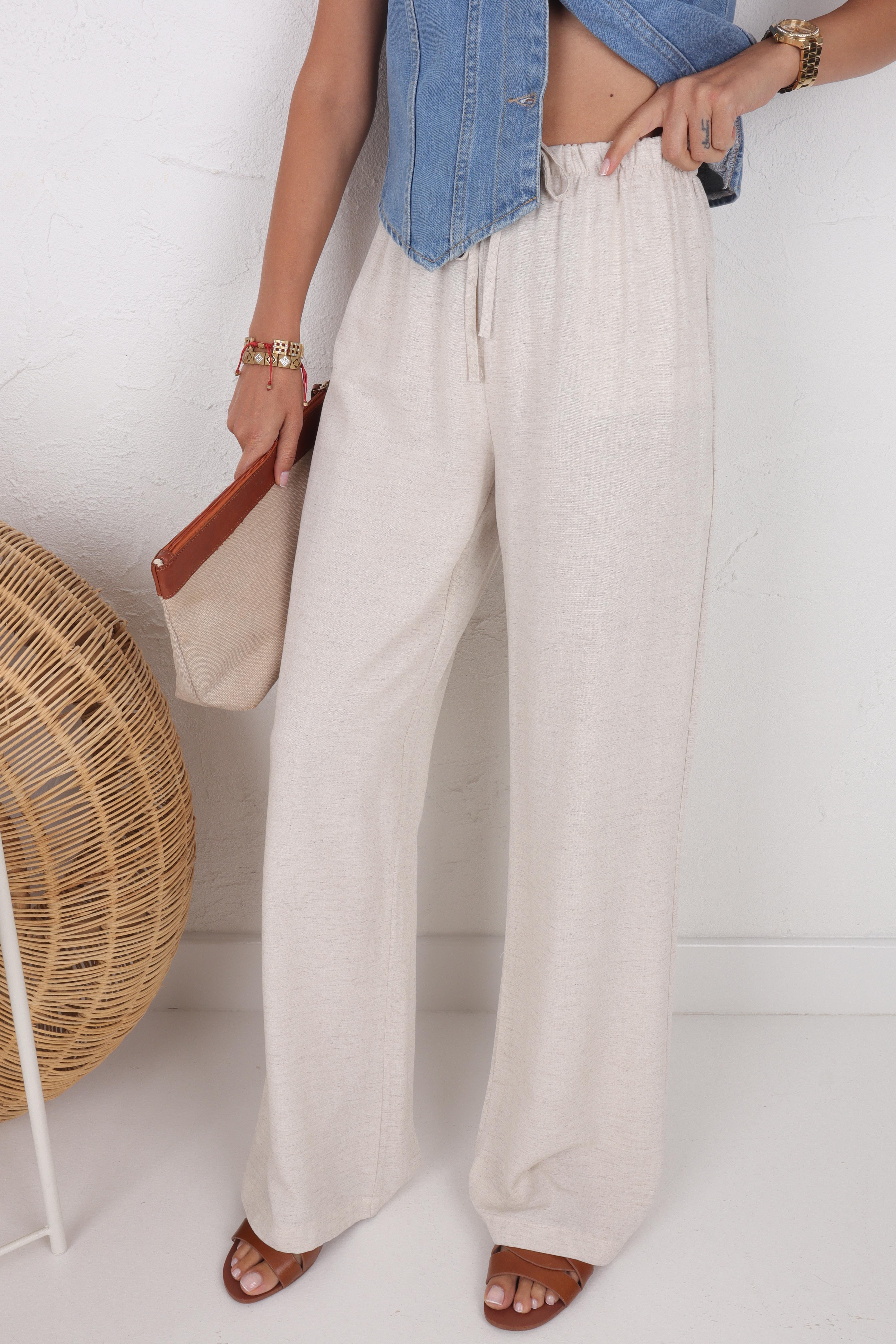 Beli Bağcıklı Taş Keten Pantolon PANTOLON