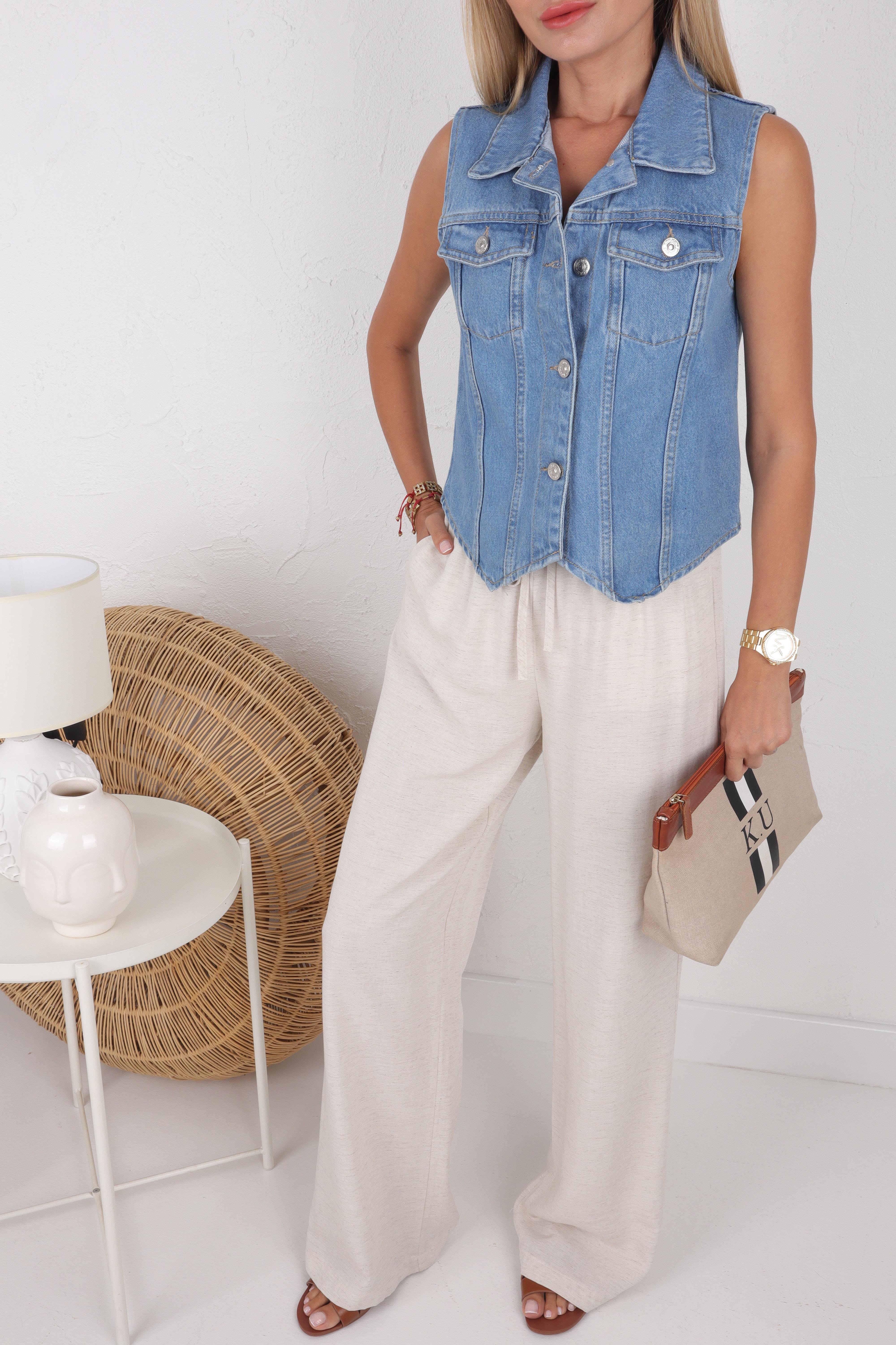 Beli Bağcıklı Taş Keten Pantolon PANTOLON