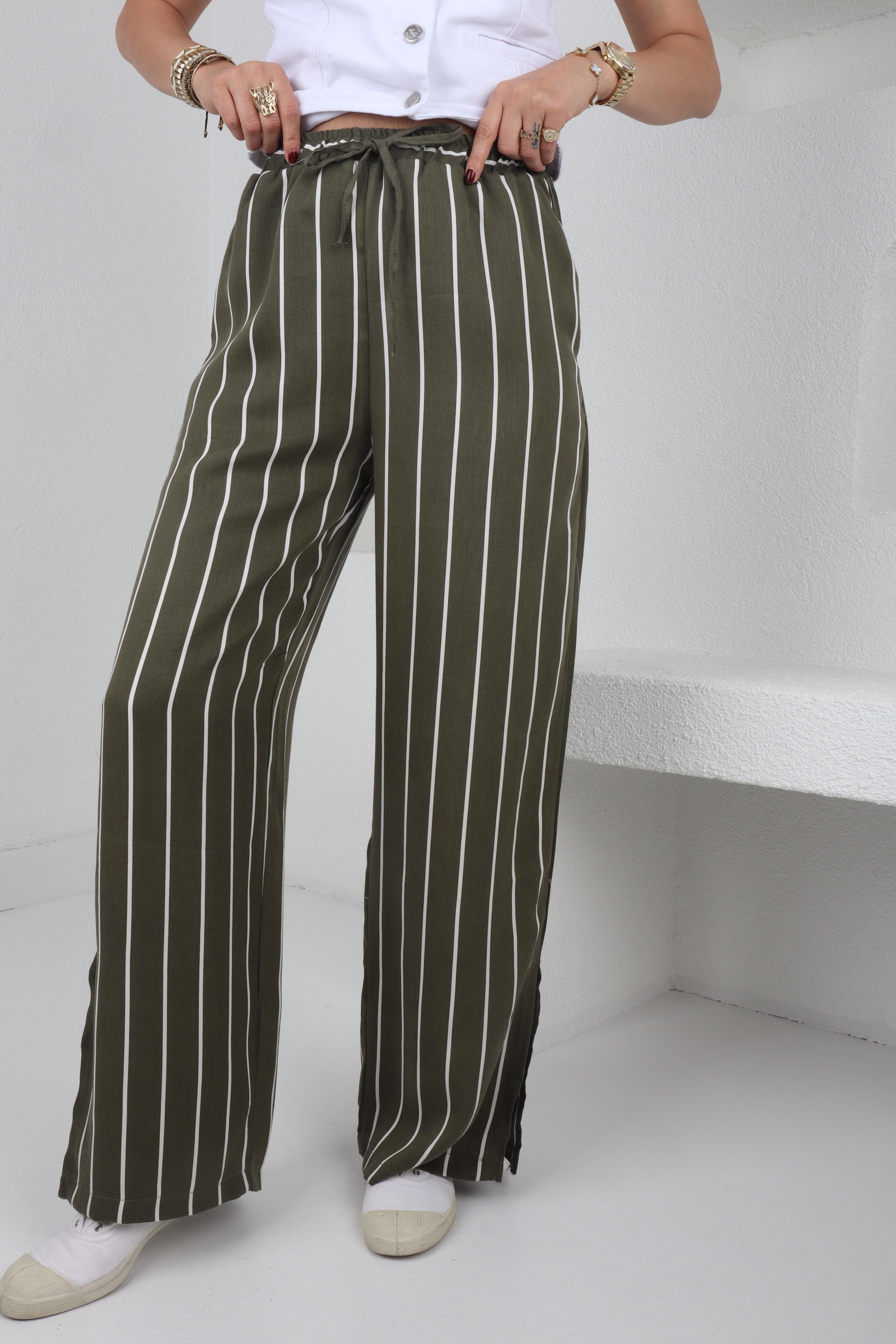 Beli Bağcıklı Yeşil Çizgili Pantolon PANTOLON