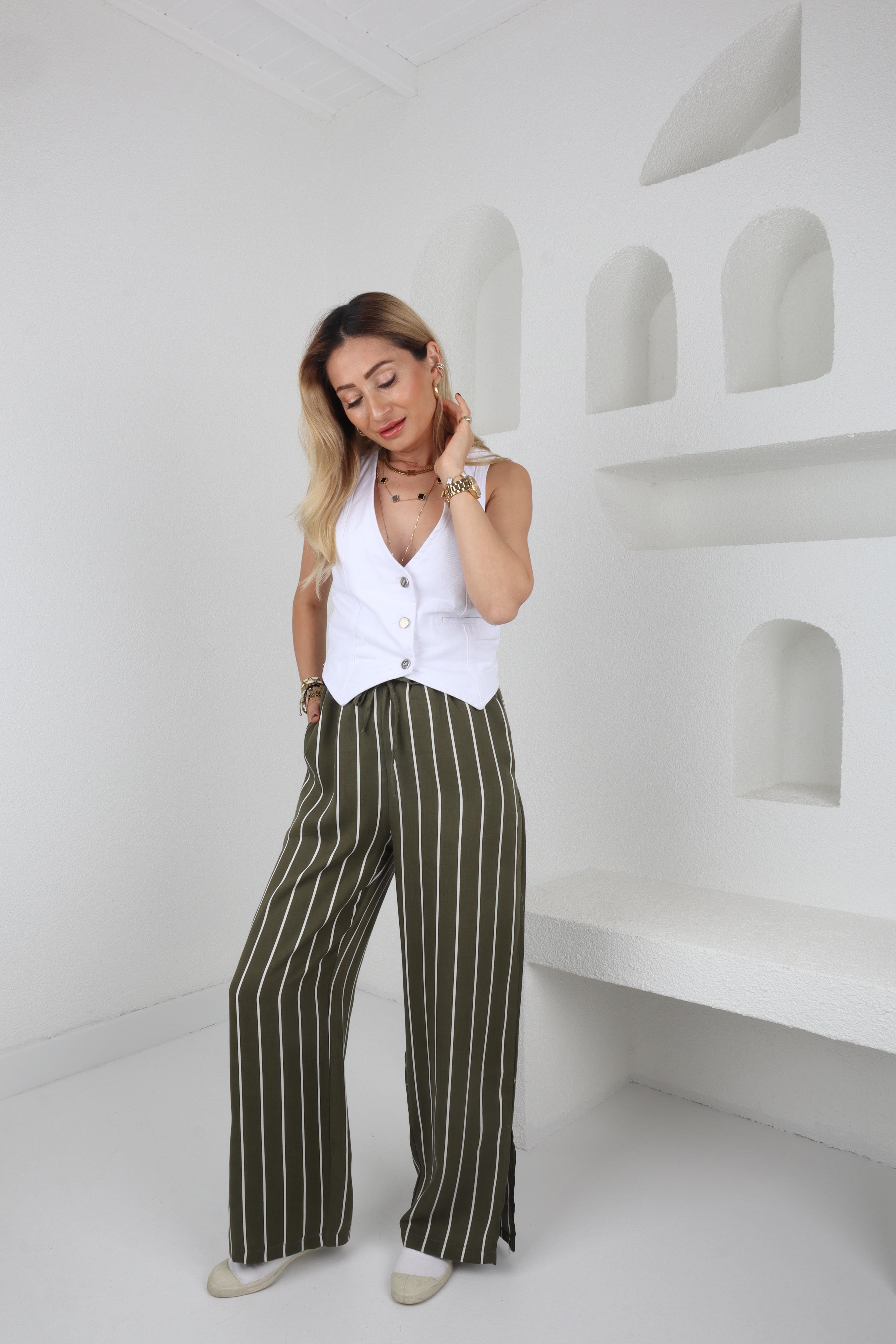 Beli Bağcıklı Yeşil Çizgili Pantolon PANTOLON