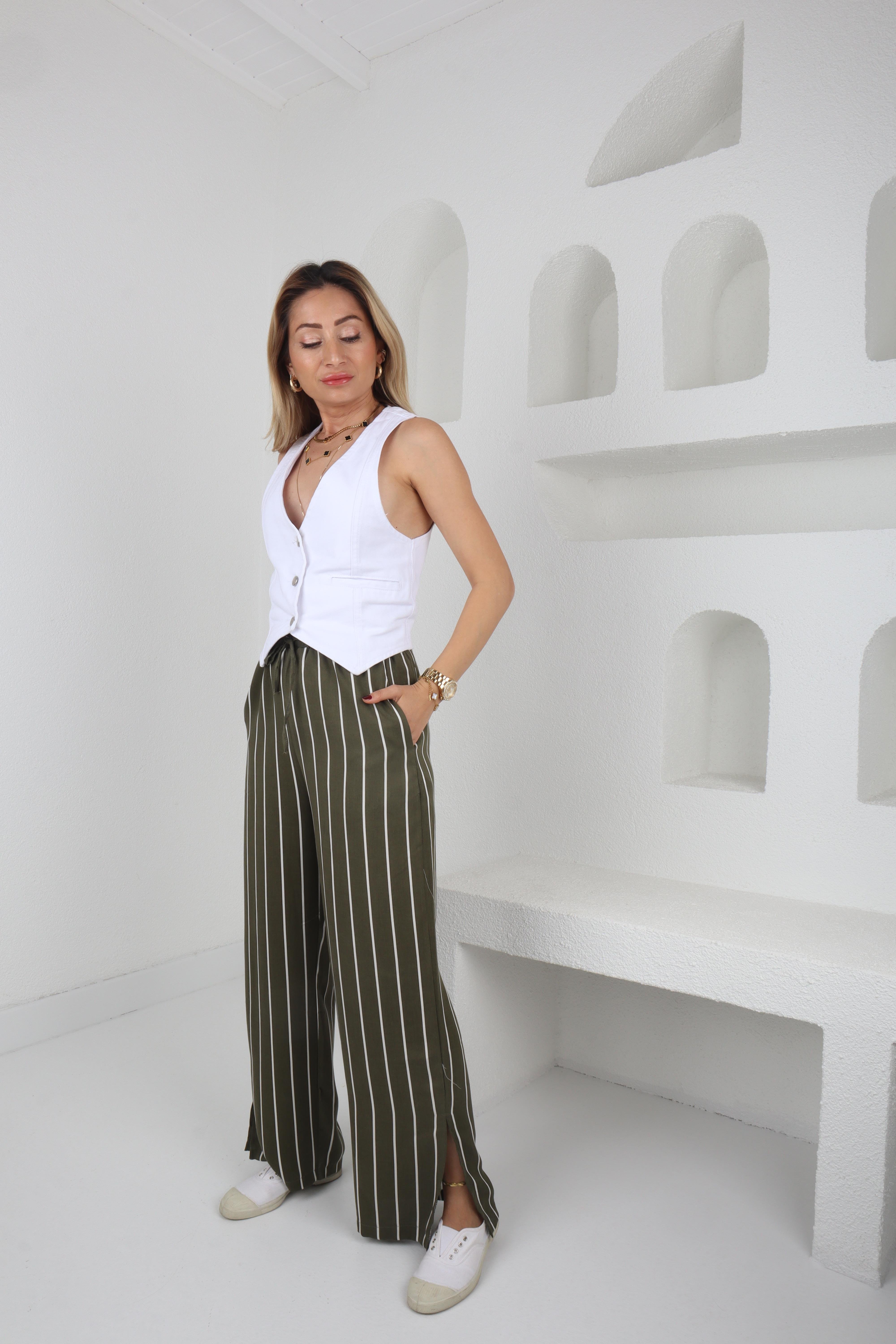 Beli Bağcıklı Yeşil Çizgili Pantolon PANTOLON