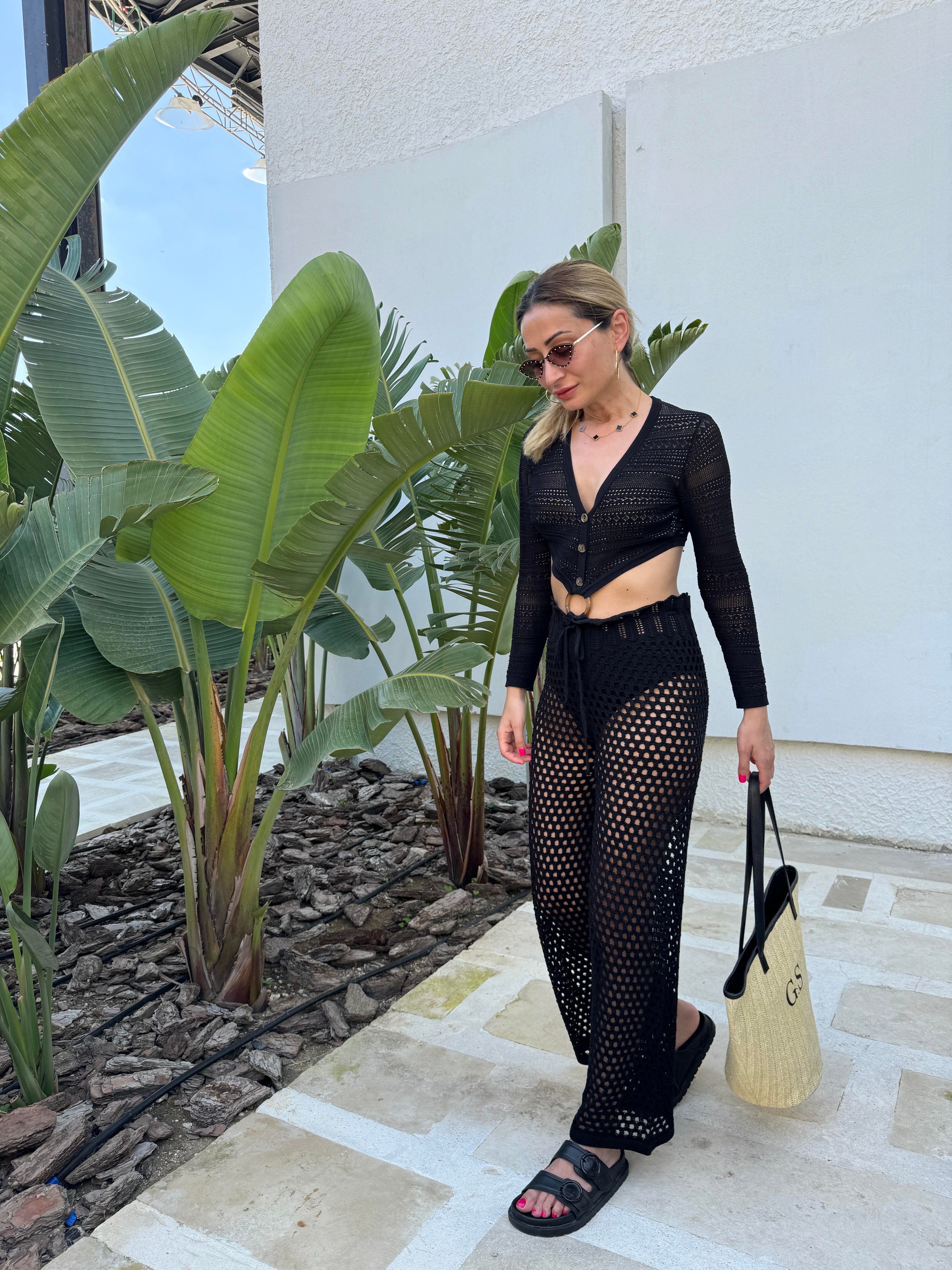 Beli İpli Ajurlu Siyah Pantolon PANTOLON