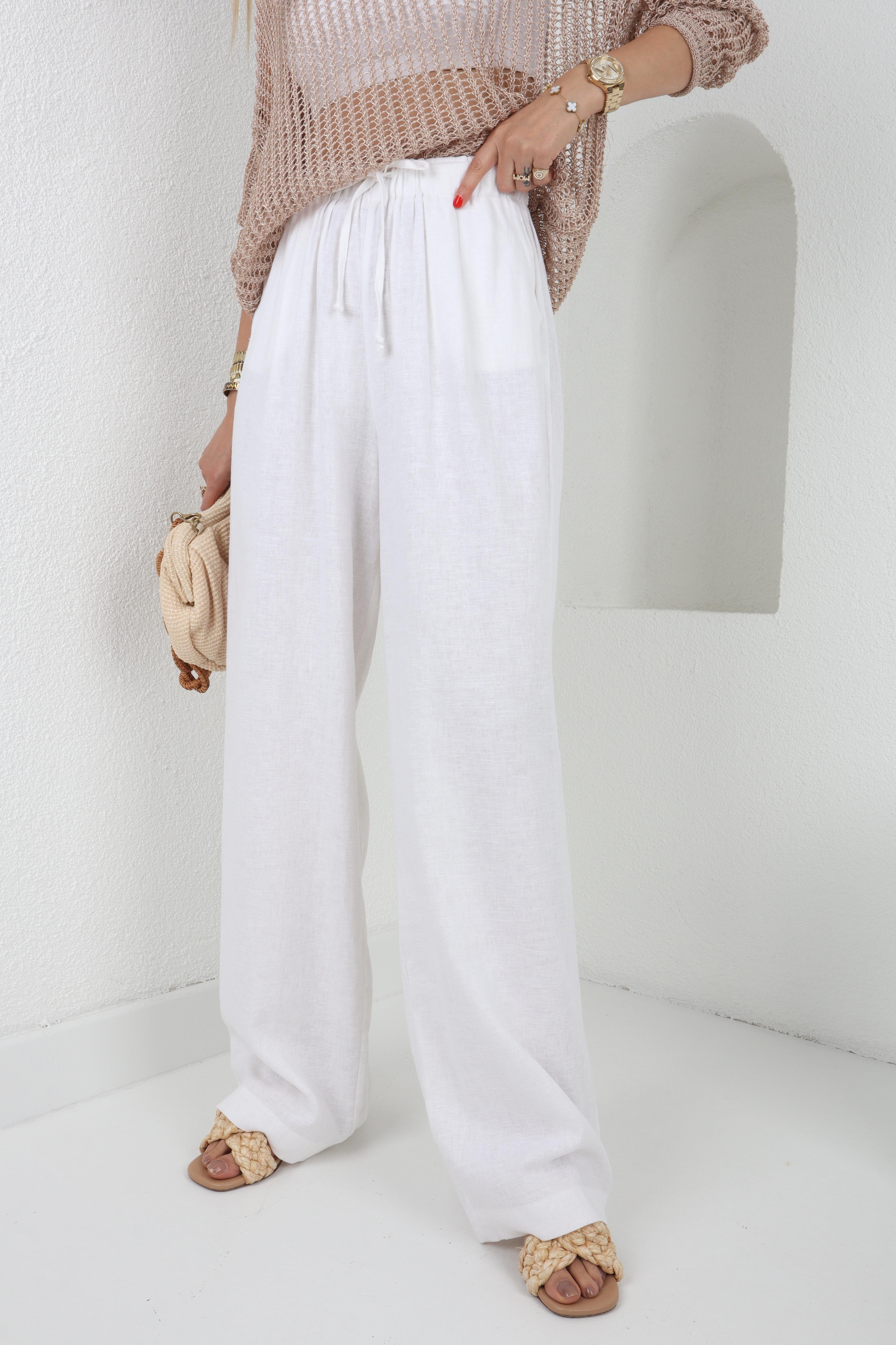 Beli İpli Geniş Kesim Beyaz Keten Pantolon PANTOLON